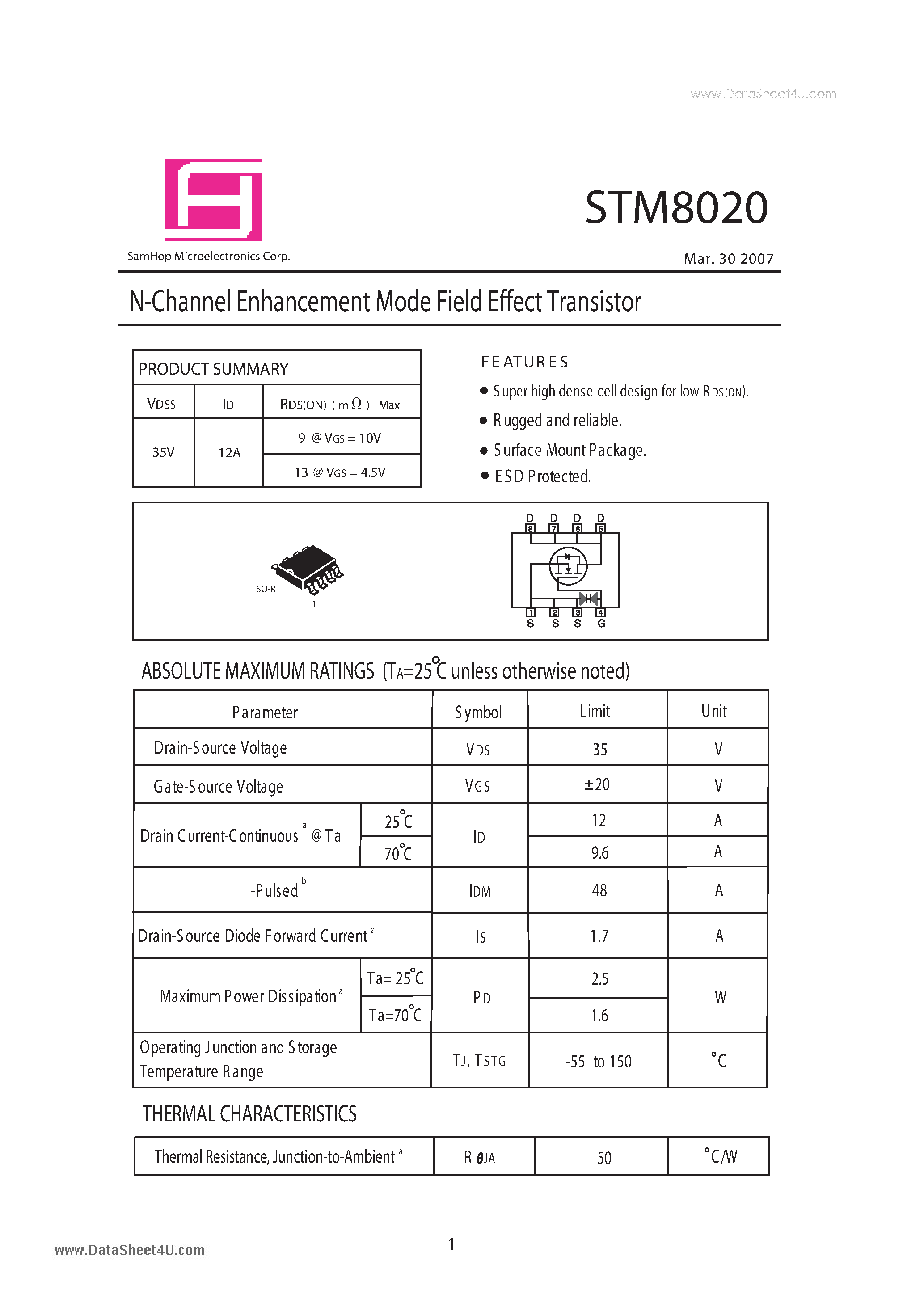 Datasheet STM8020 page 1 Datasheet STM8020 - N-Channel Enhancement Mode Field Effect Transistor page 1