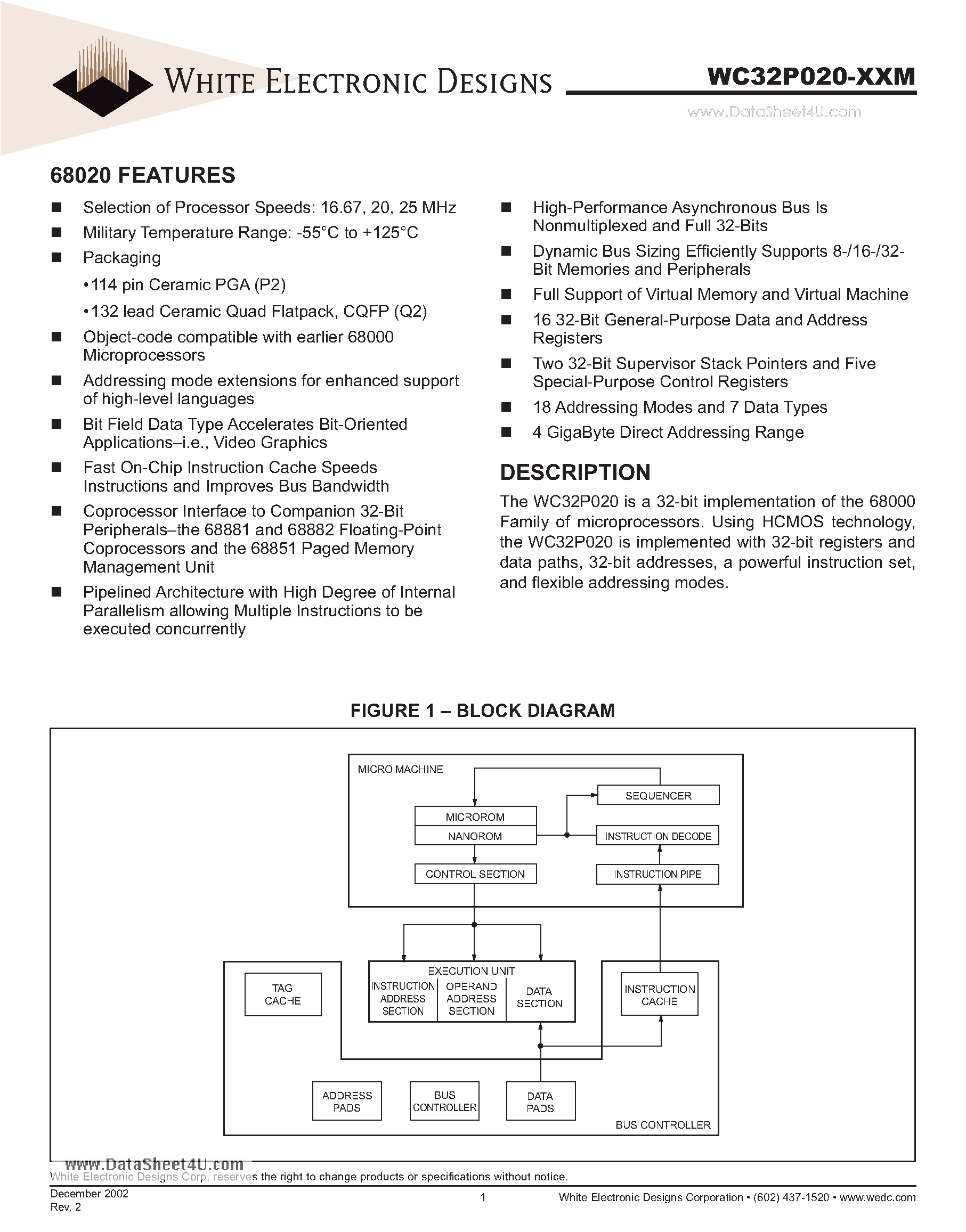 Даташит WC32P020-XXM - 16 32-Bit General-Purpose Data and Address Registers страница 1