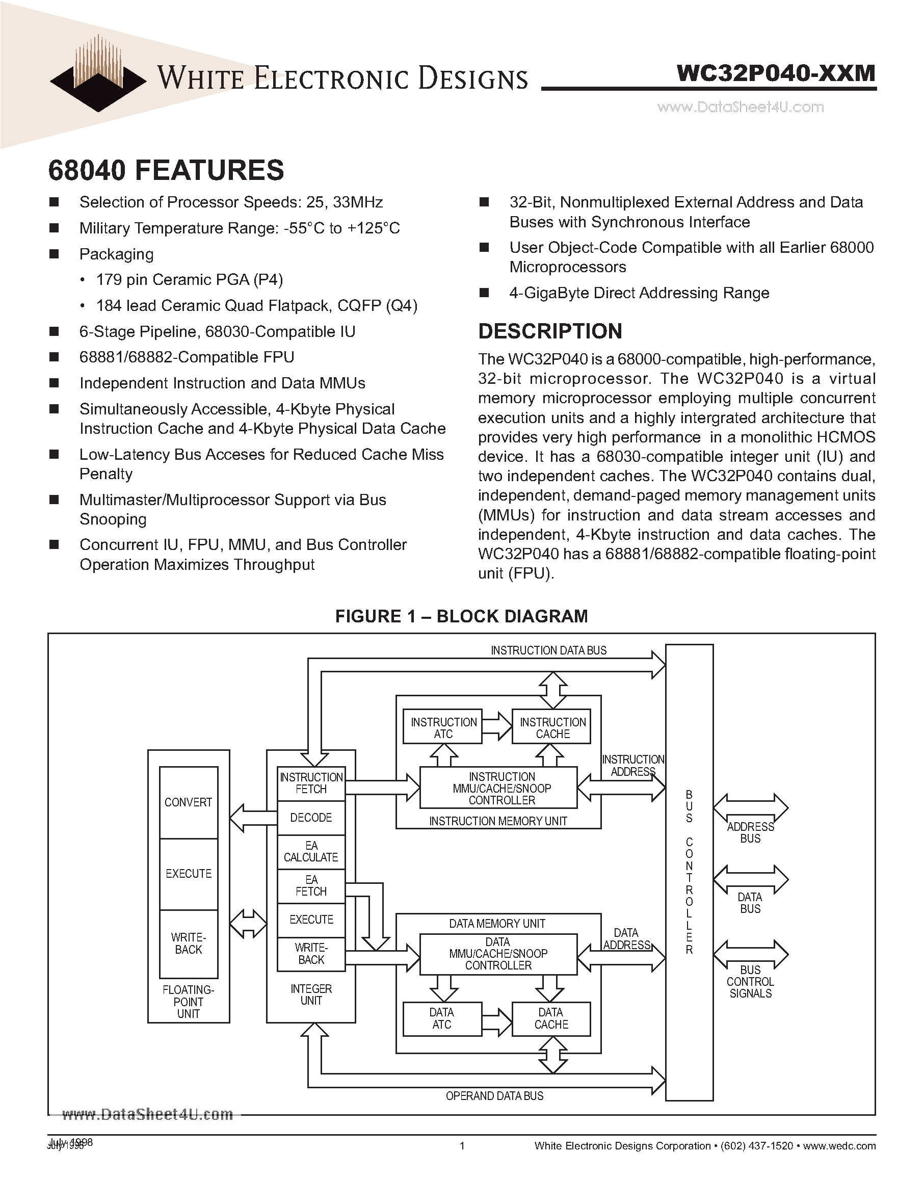 Даташит WC32P040-XXM - 32-Bit Nonmultiplexed External Address and Data Buses страница 1