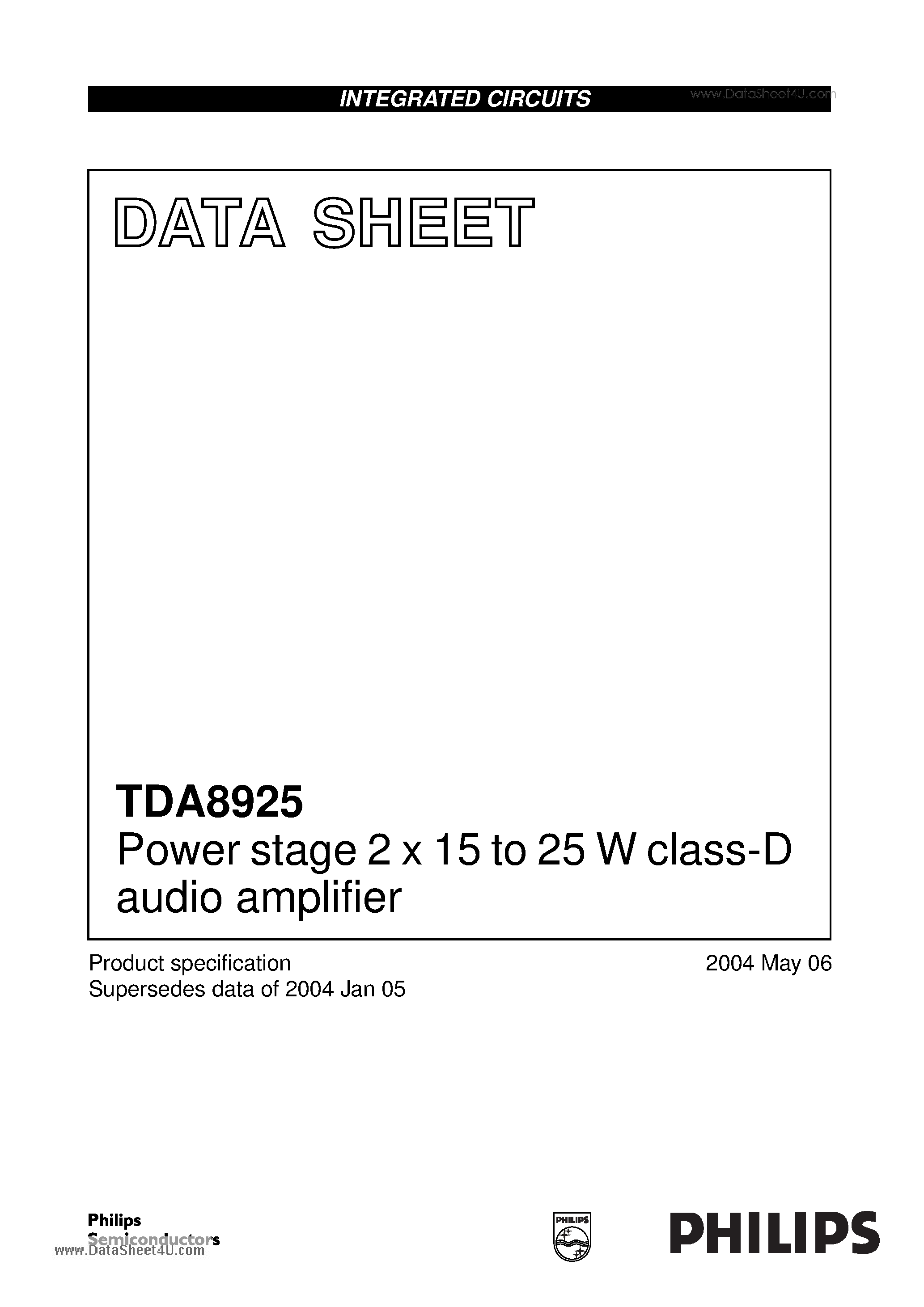 Datasheet TDA8925 - Power stage 2 x 15 to 25Wclass-D audio amplifier page 1