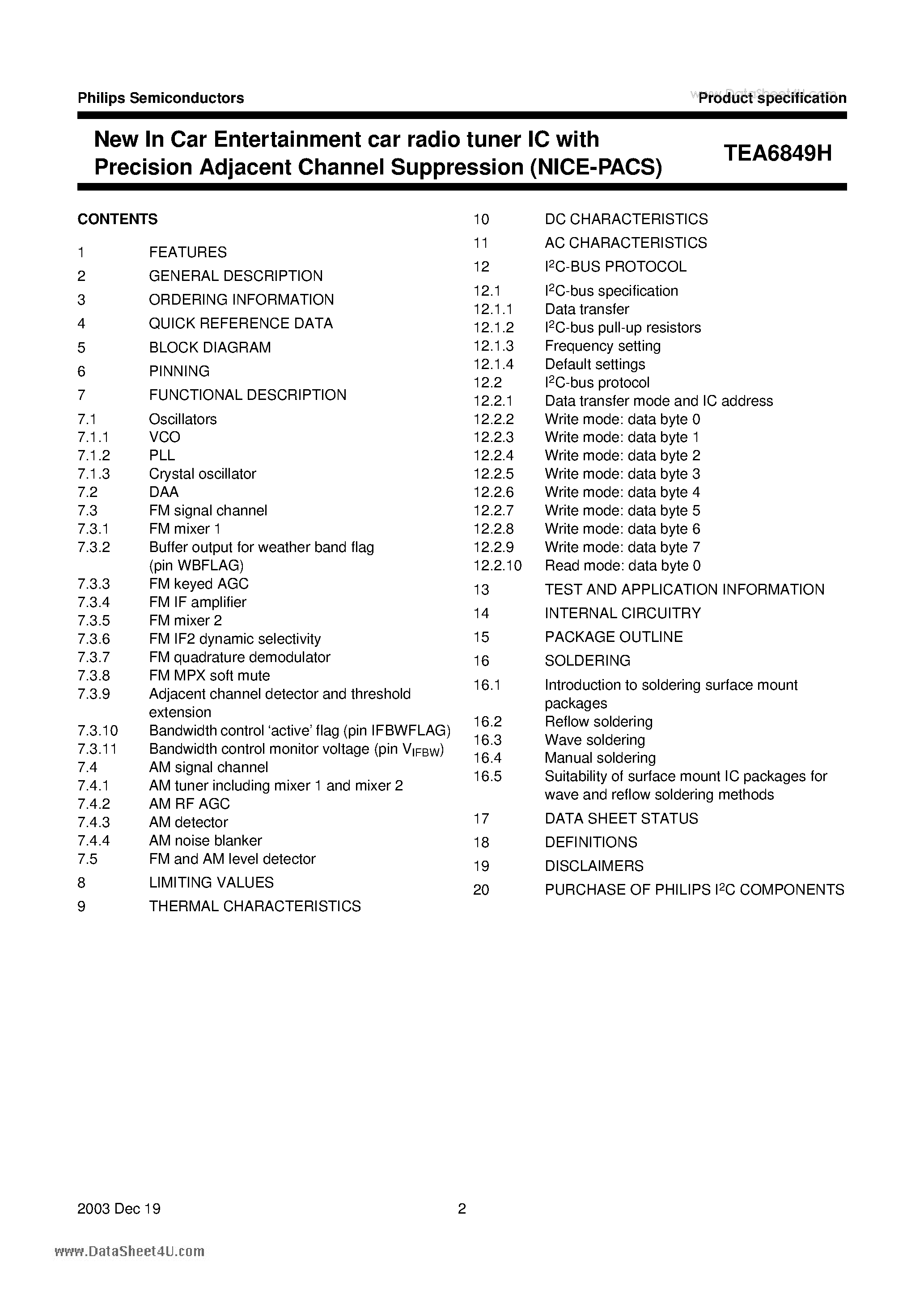 Даташит на микросхему TEA6849H страница 2 Даташит TEA6849H - New In Car Entertainment car radio tuner IC страница 2