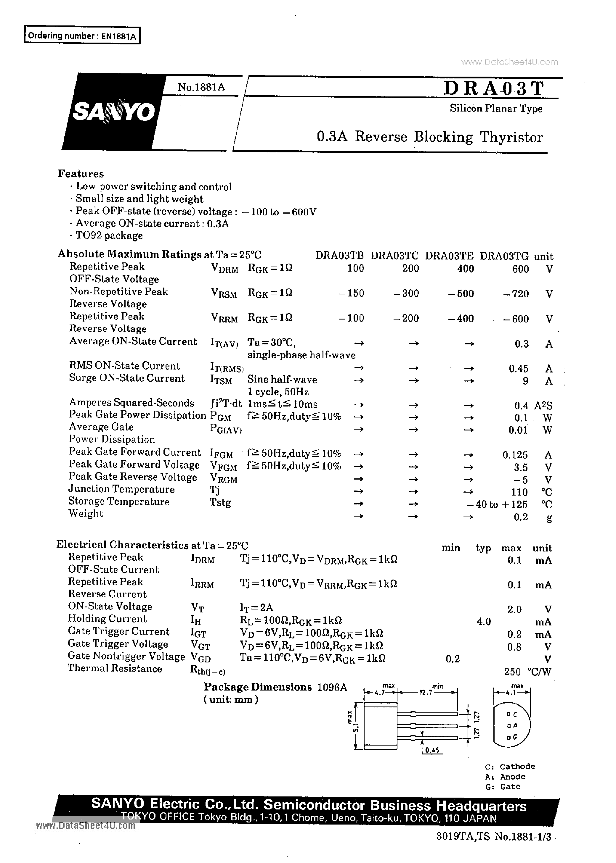 Datasheet DRA03T page 1 Datasheet DRA03T - 0.3A Reverse Blocking Thyristor page 1