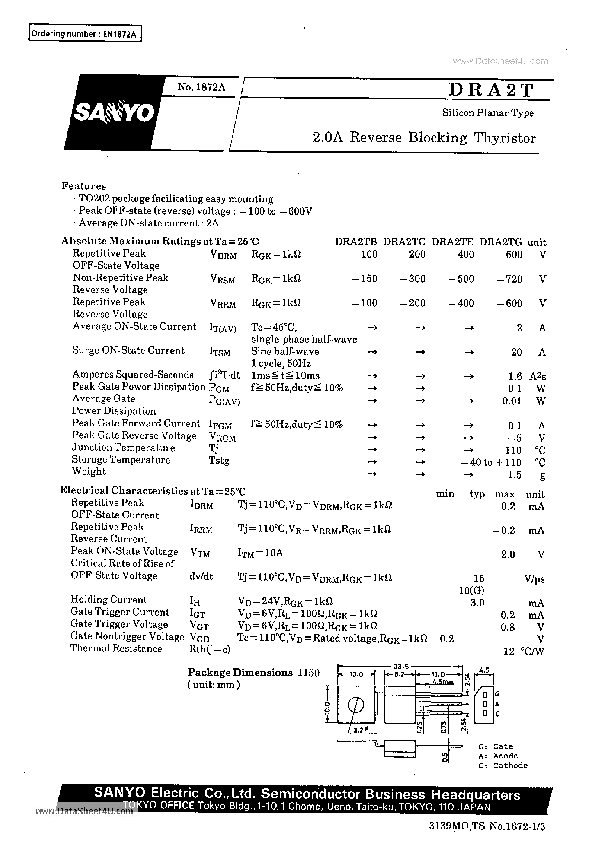 Даташит на микросхему DRA2T страница 1 Даташит DRA2T - 2.0A Reverse Blocking Thyristor страница 1