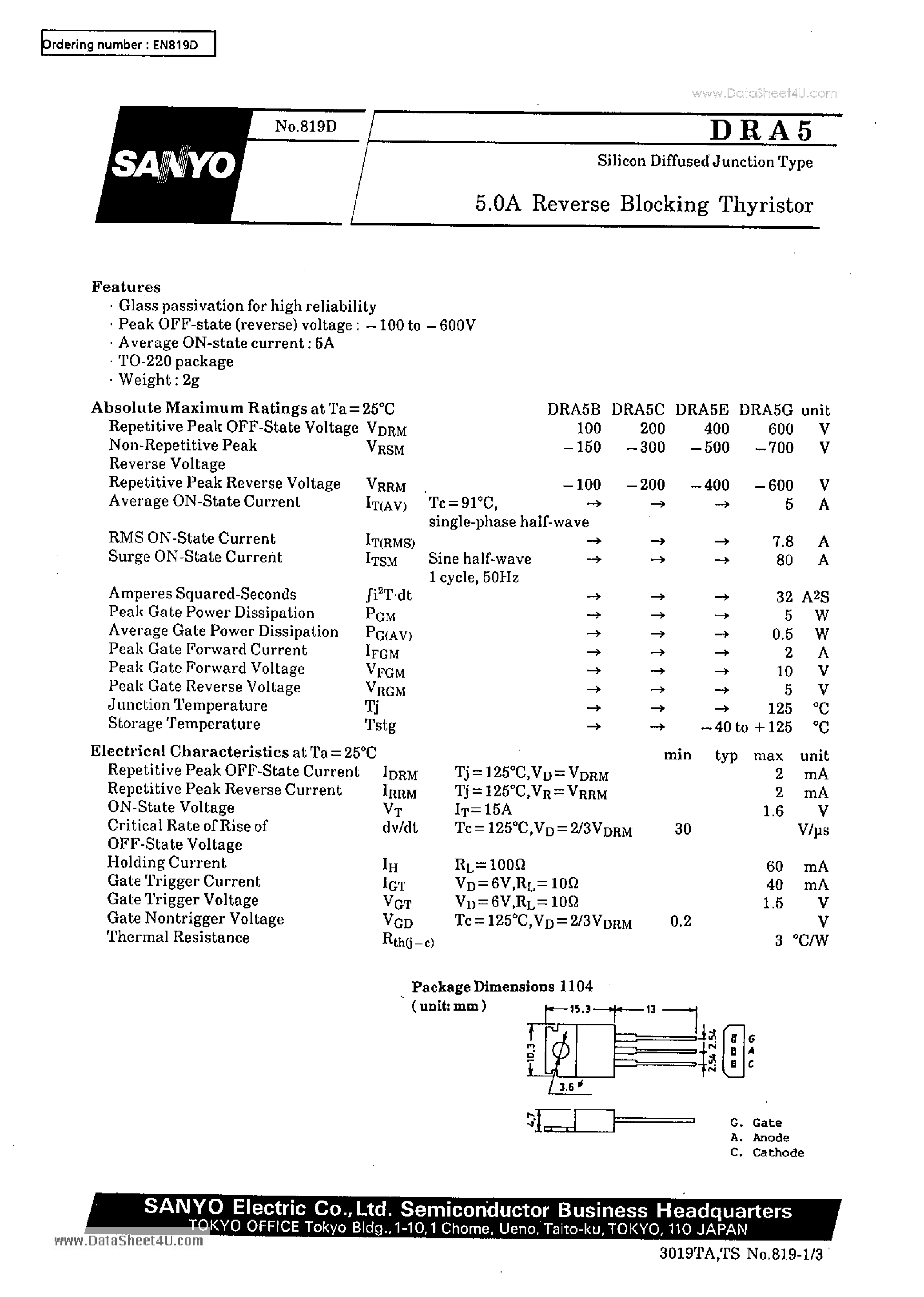 Datasheet DRA5 - 5.0A Reverse Blocking Thyristor page 1