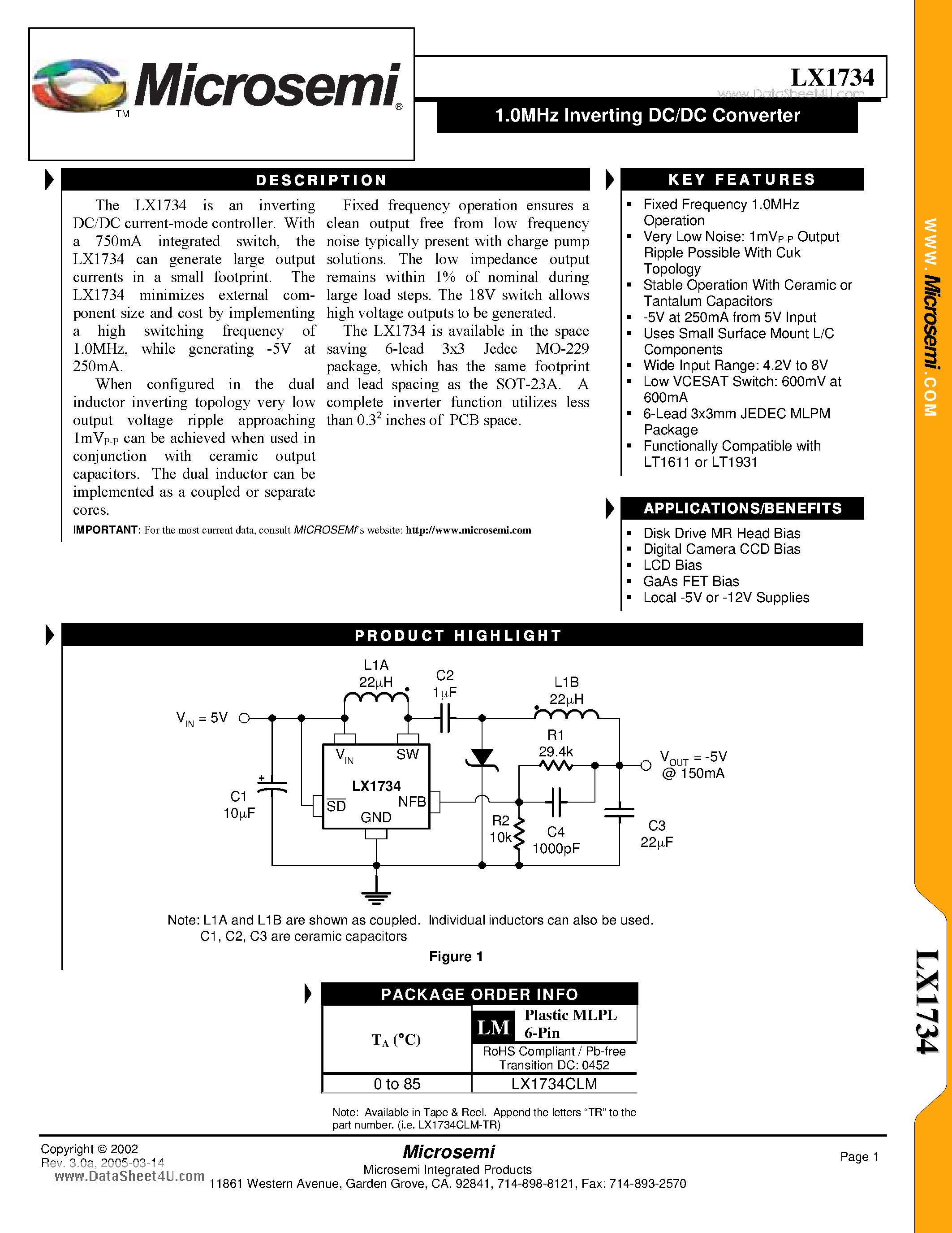 Даташит на микросхему LX1734 страница 1 Даташит LX1734 - 1.0MHz Inverting DC/DC Converter страница 1