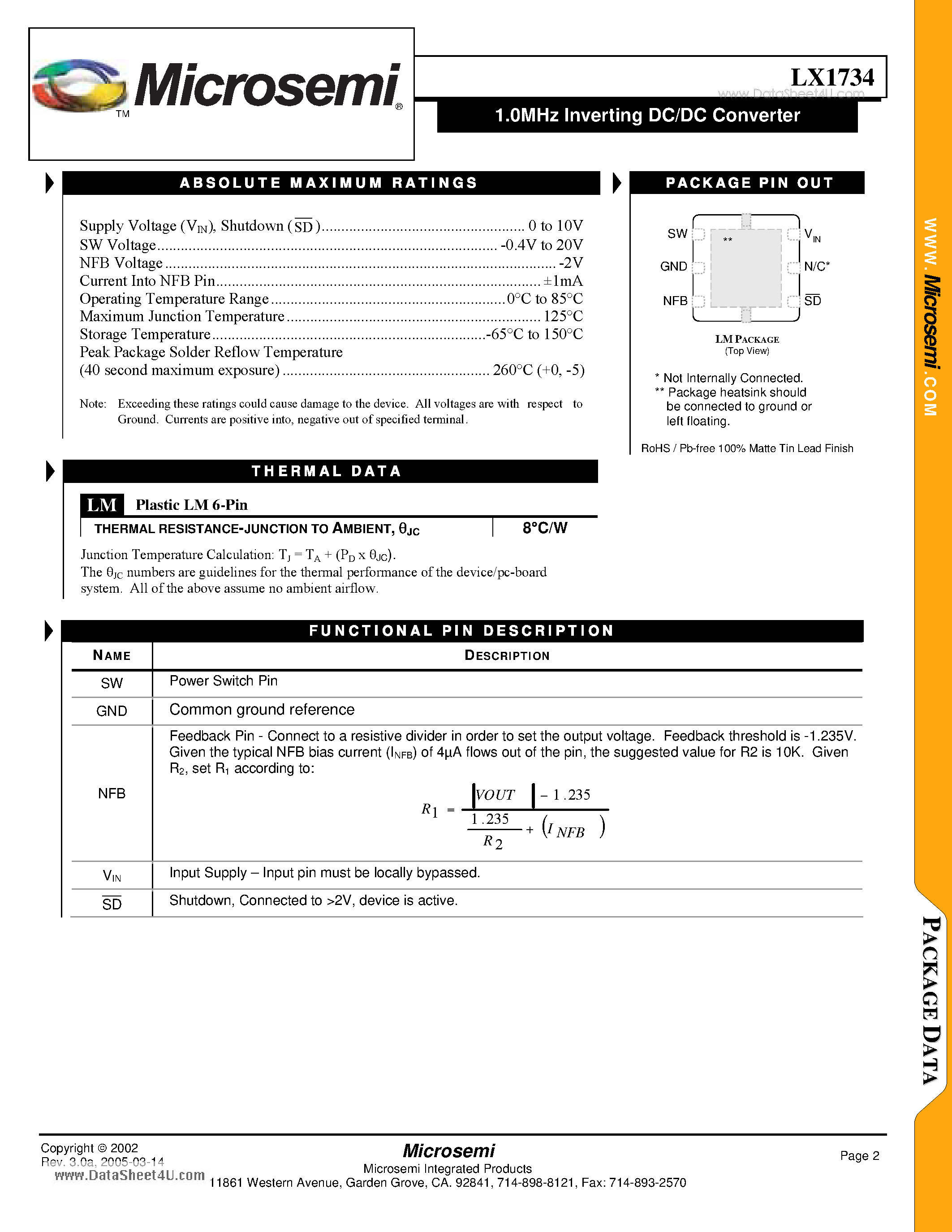 Даташит на микросхему LX1734 страница 2 Даташит LX1734 - 1.0MHz Inverting DC/DC Converter страница 2