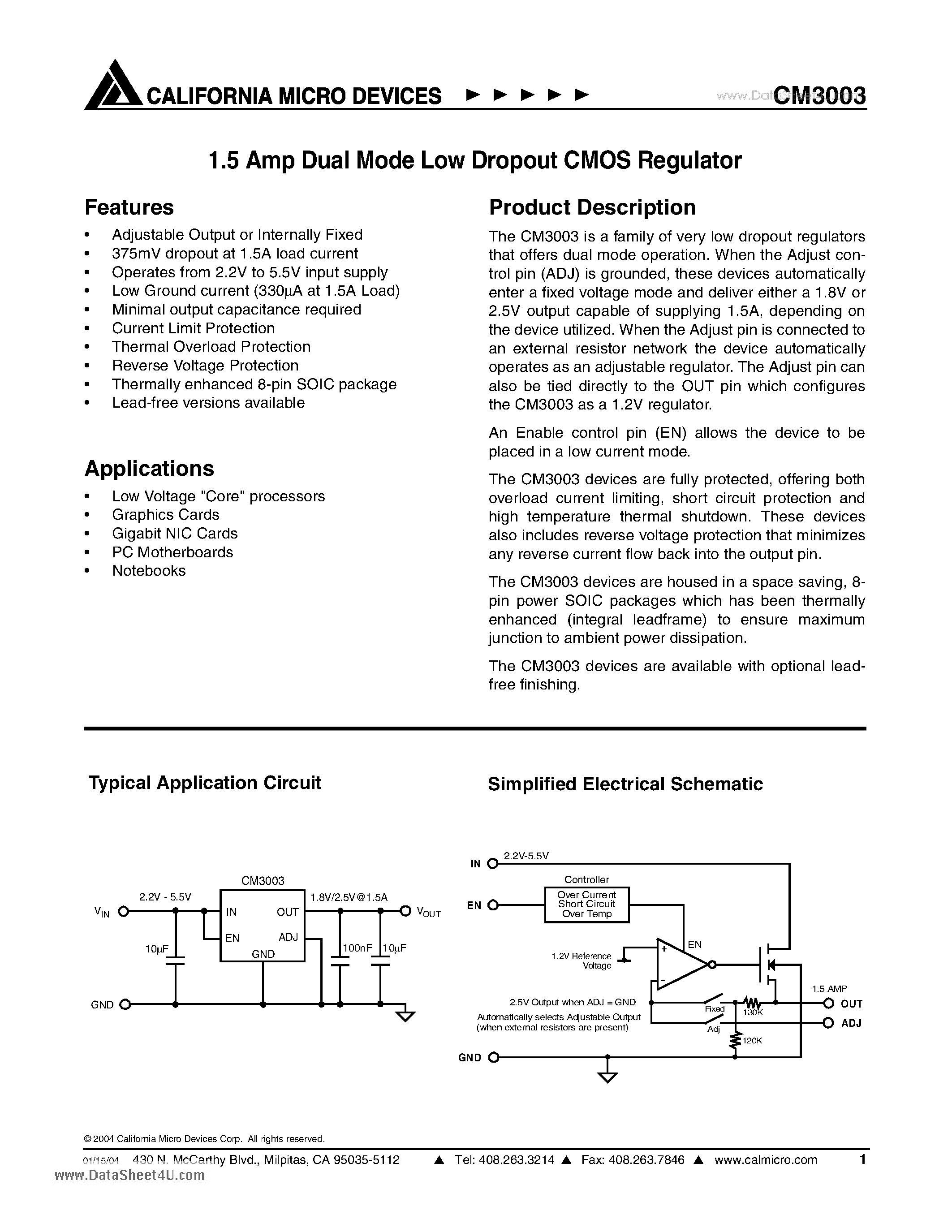Datasheet CM3003 - 1.5 Amp Dual Mode Low Dropout CMOS Regulator page 1