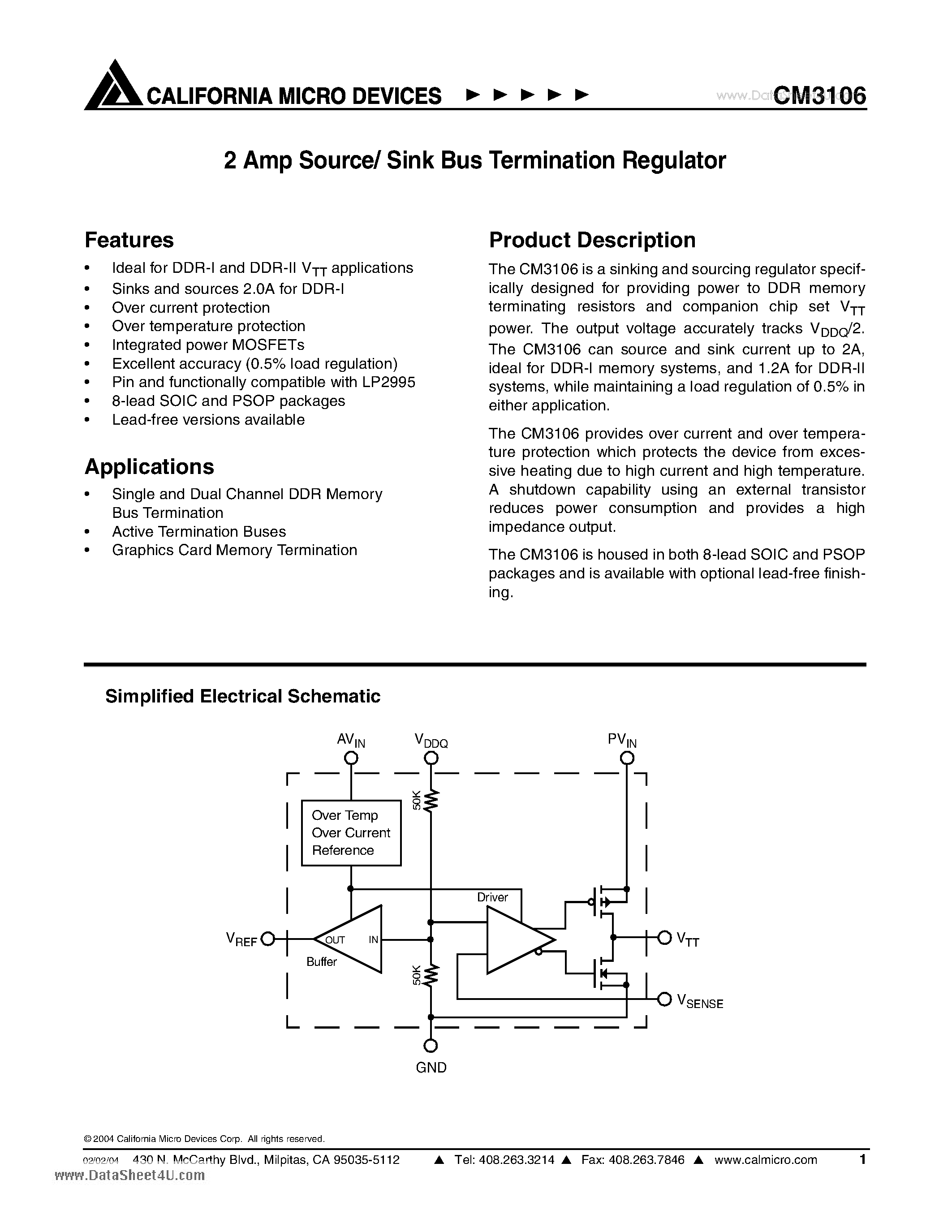 Даташит CM3106 - 2 Amp Source/ Sink Bus Termination Regulator страница 1