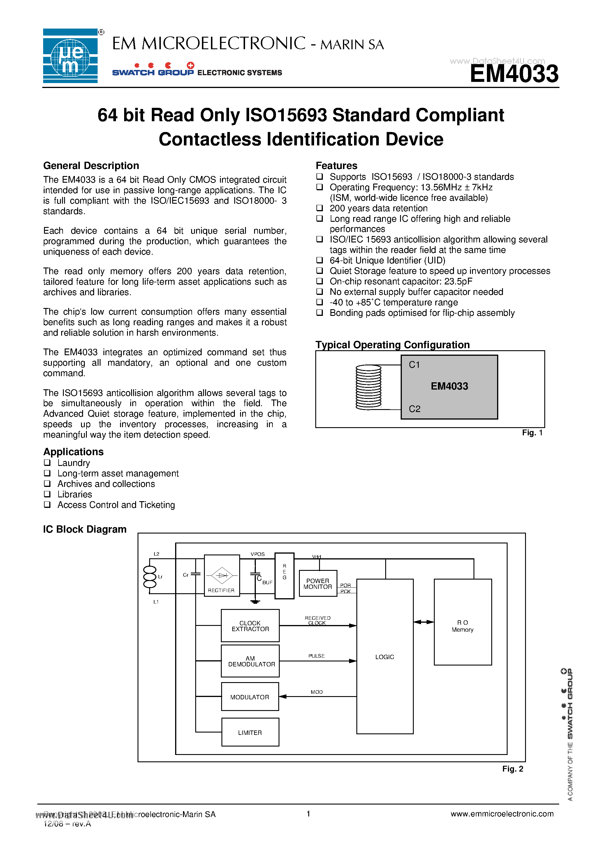 Даташит на микросхему EM4033 страница 1 Даташит EM4033 - 64 bit Read Only ISO15693 Standard Compliant Contactless Identification Device страница 1