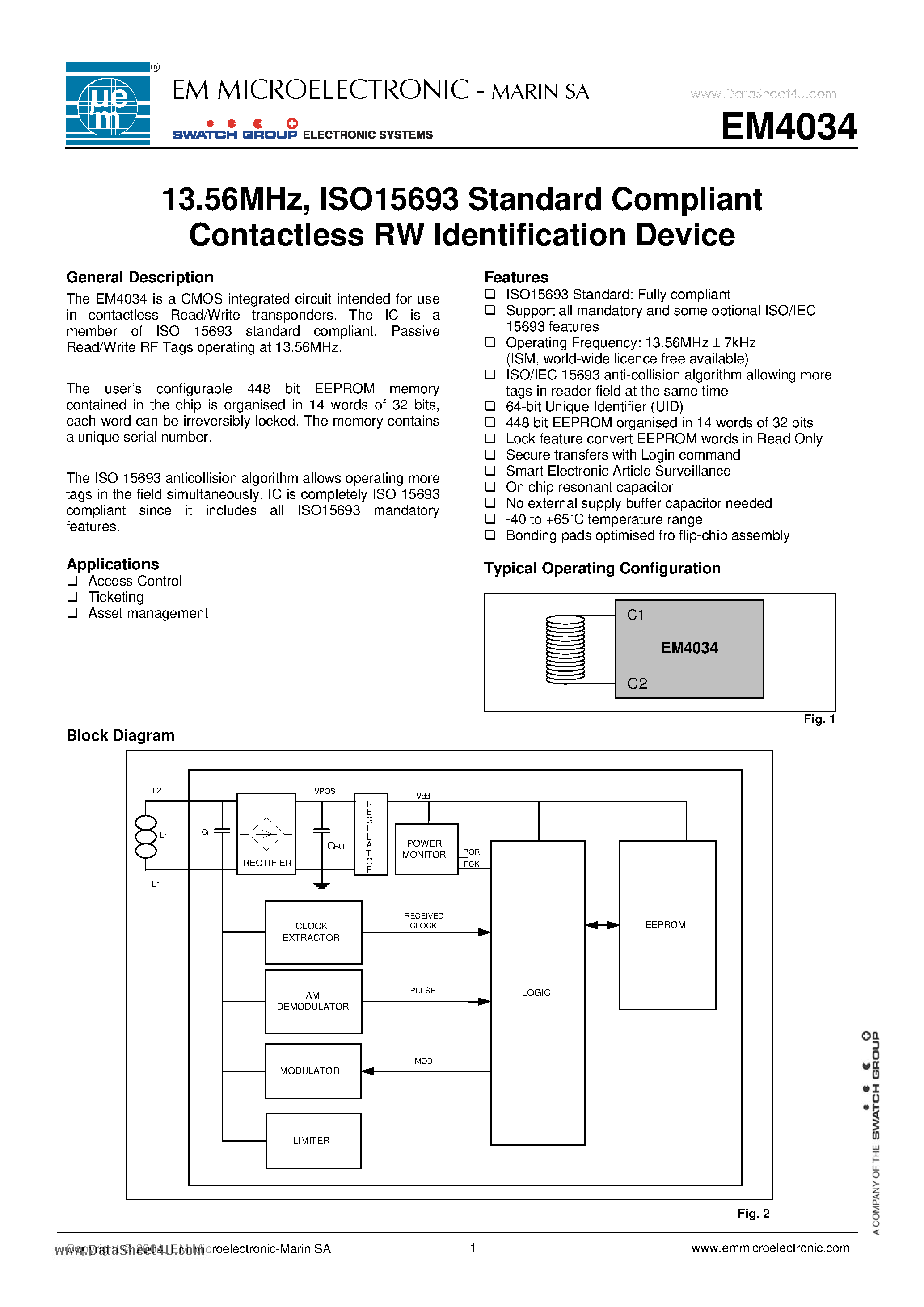 Даташит EM4034 - 13.56MHz ISO15693 Standard Compliant Contactless RW Identification Device страница 1