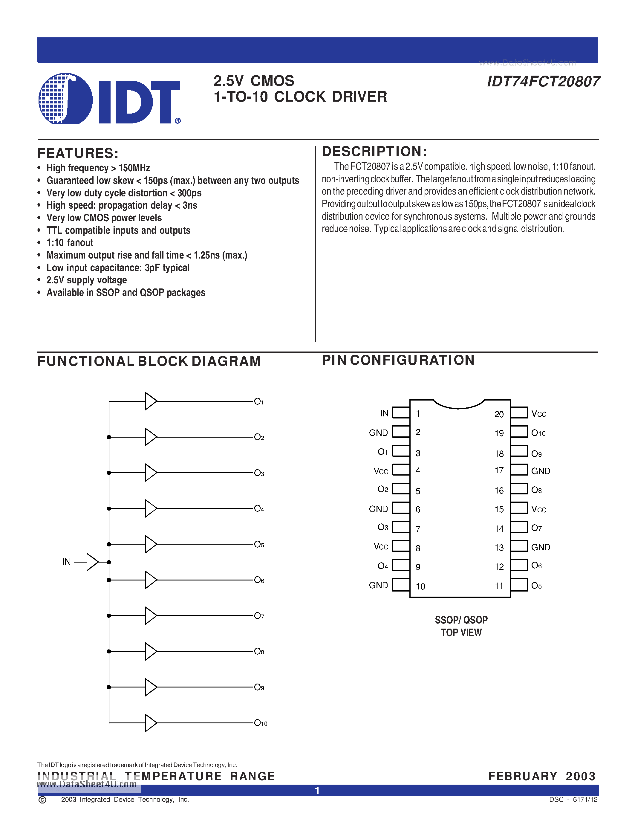 Datasheet IDT74FCT20807 - 2.5V CMOS 1-TO-10 CLOCK DRIVER page 1