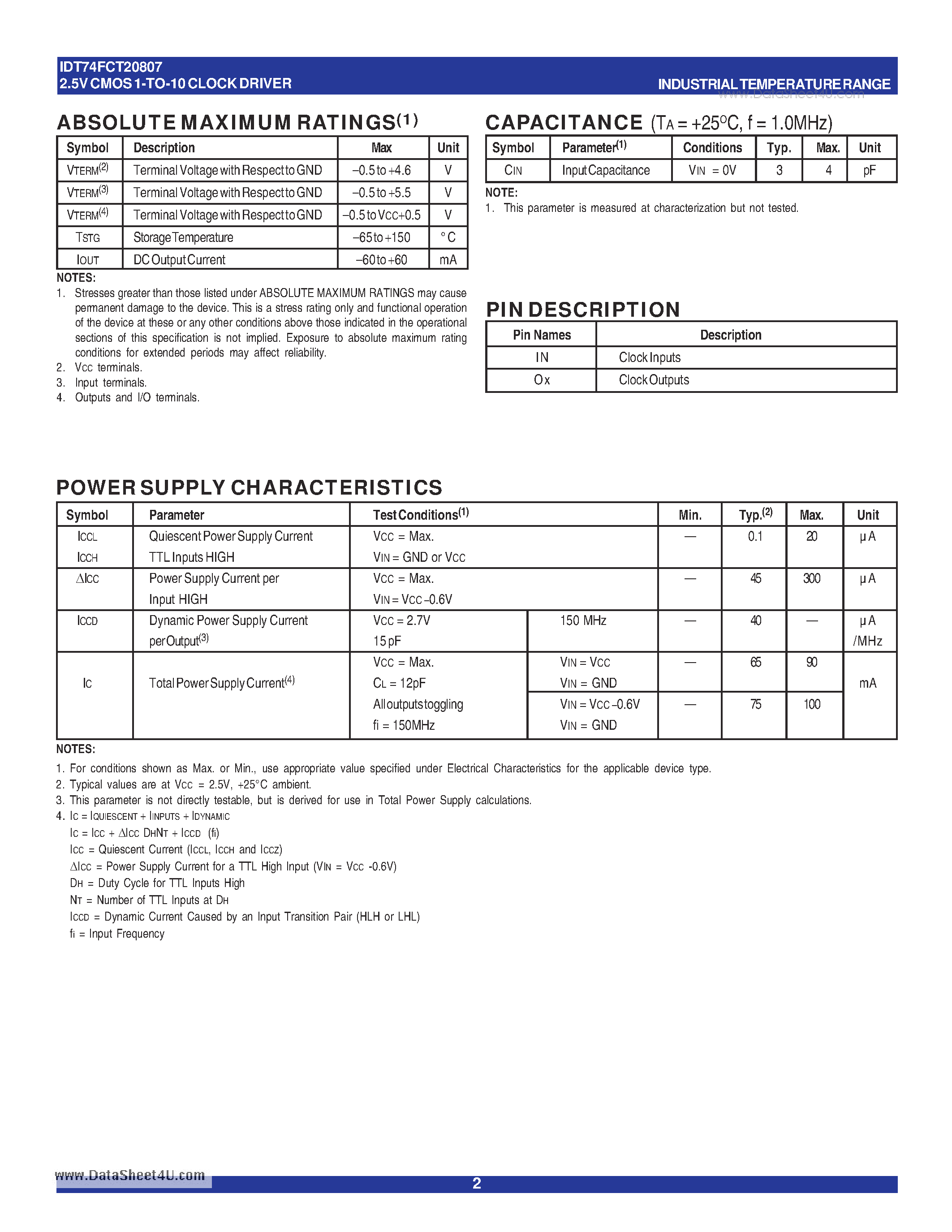 Datasheet IDT74FCT20807 - 2.5V CMOS 1-TO-10 CLOCK DRIVER page 2