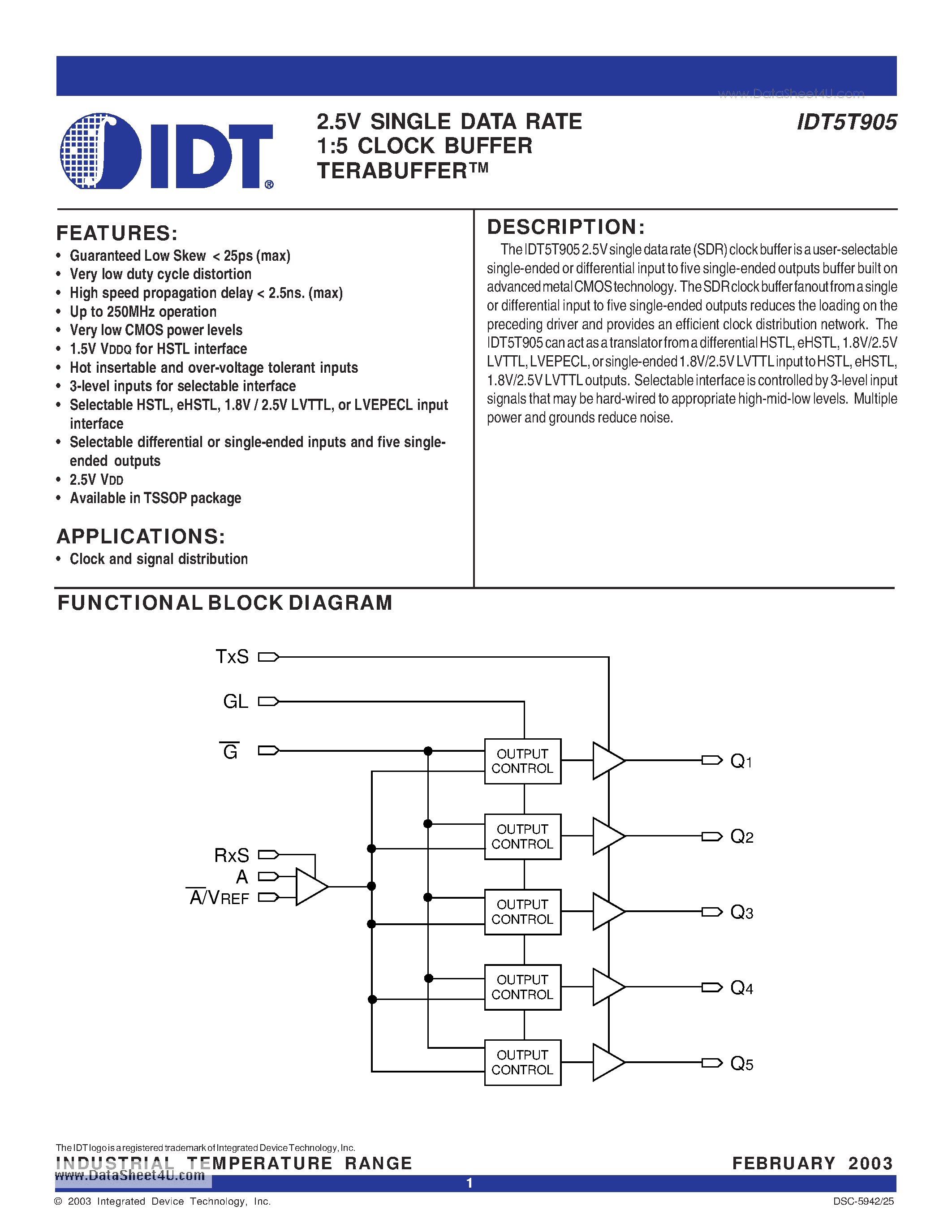Datasheet IDT5T905 - 2.5V SINGLE DATA RATE 1:5 CLOCK BUFFER TERABUFFER page 1