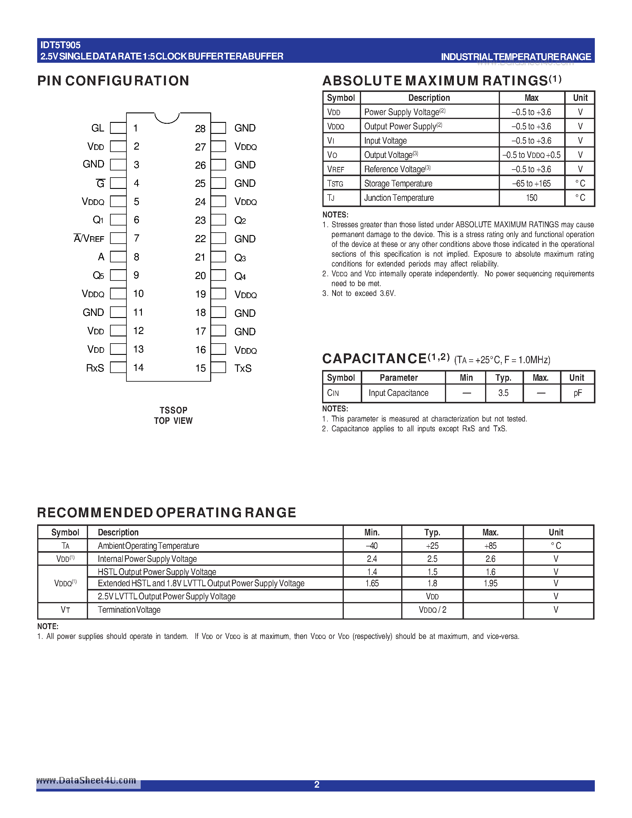 Datasheet IDT5T905 - 2.5V SINGLE DATA RATE 1:5 CLOCK BUFFER TERABUFFER page 2