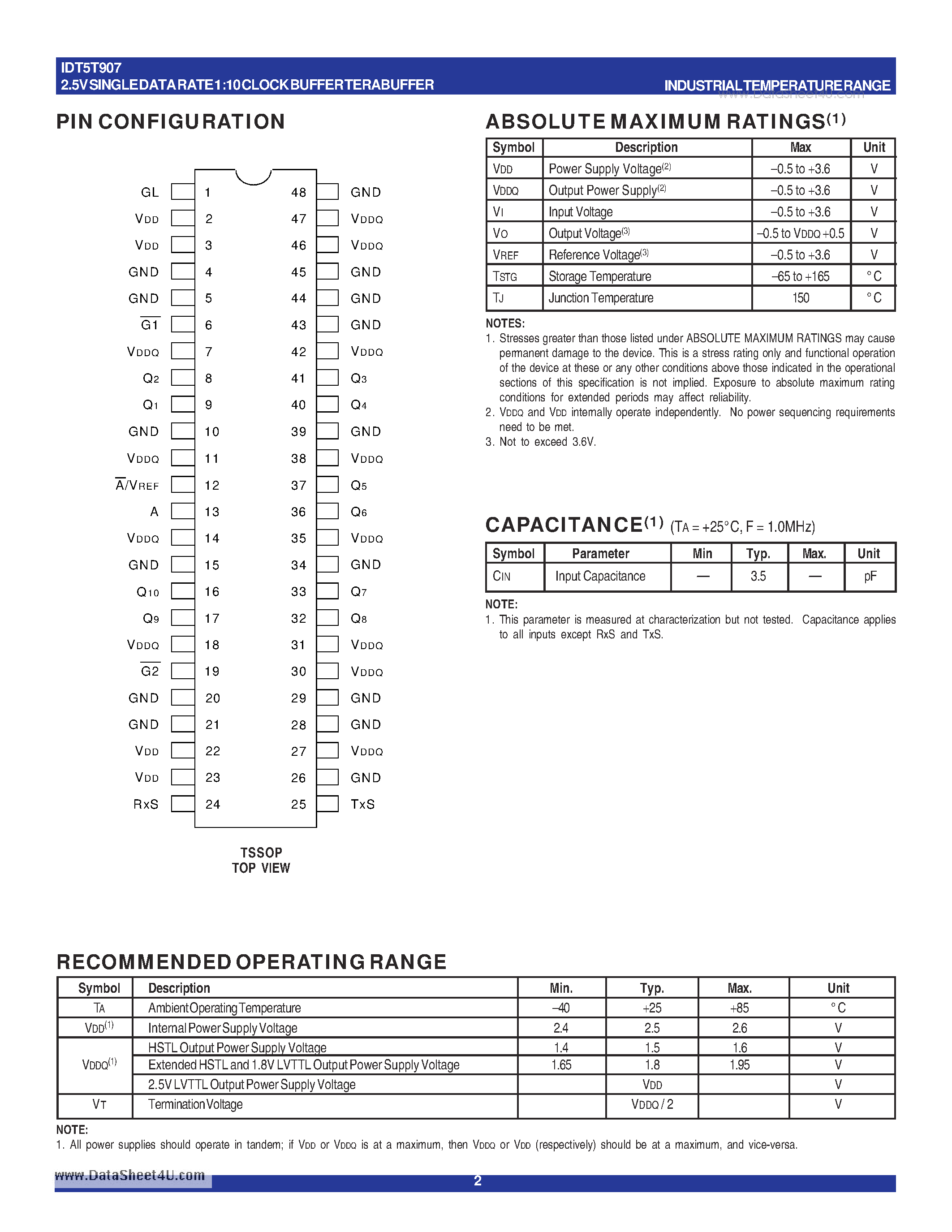 Datasheet IDT5T907 page 2 Datasheet IDT5T907 - 2.5V SINGLE DATA RATE 1:10 CLOCK BUFFER TERABUFFER page 2