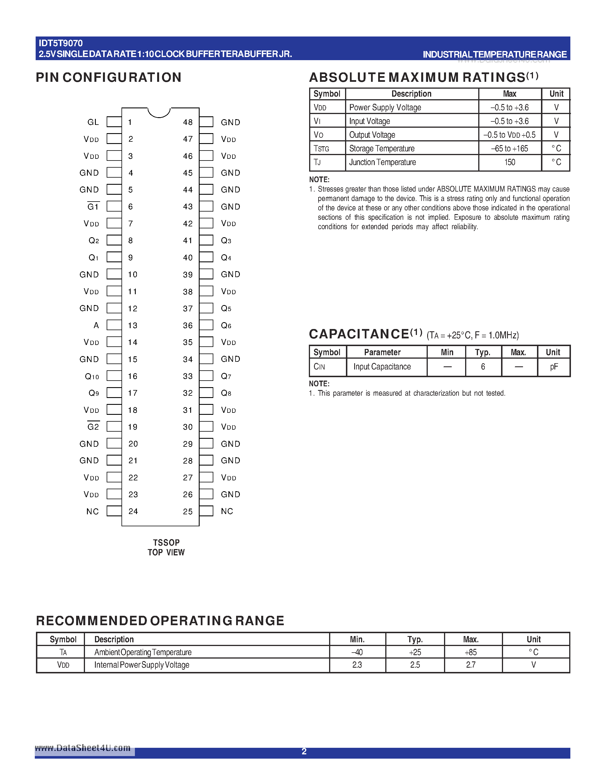 Datasheet IDT5T9070 page 2 Datasheet IDT5T9070 - 2.5V SINGLE DATA RATE 1:10 CLOCK BUFFER TERABUFFER page 2