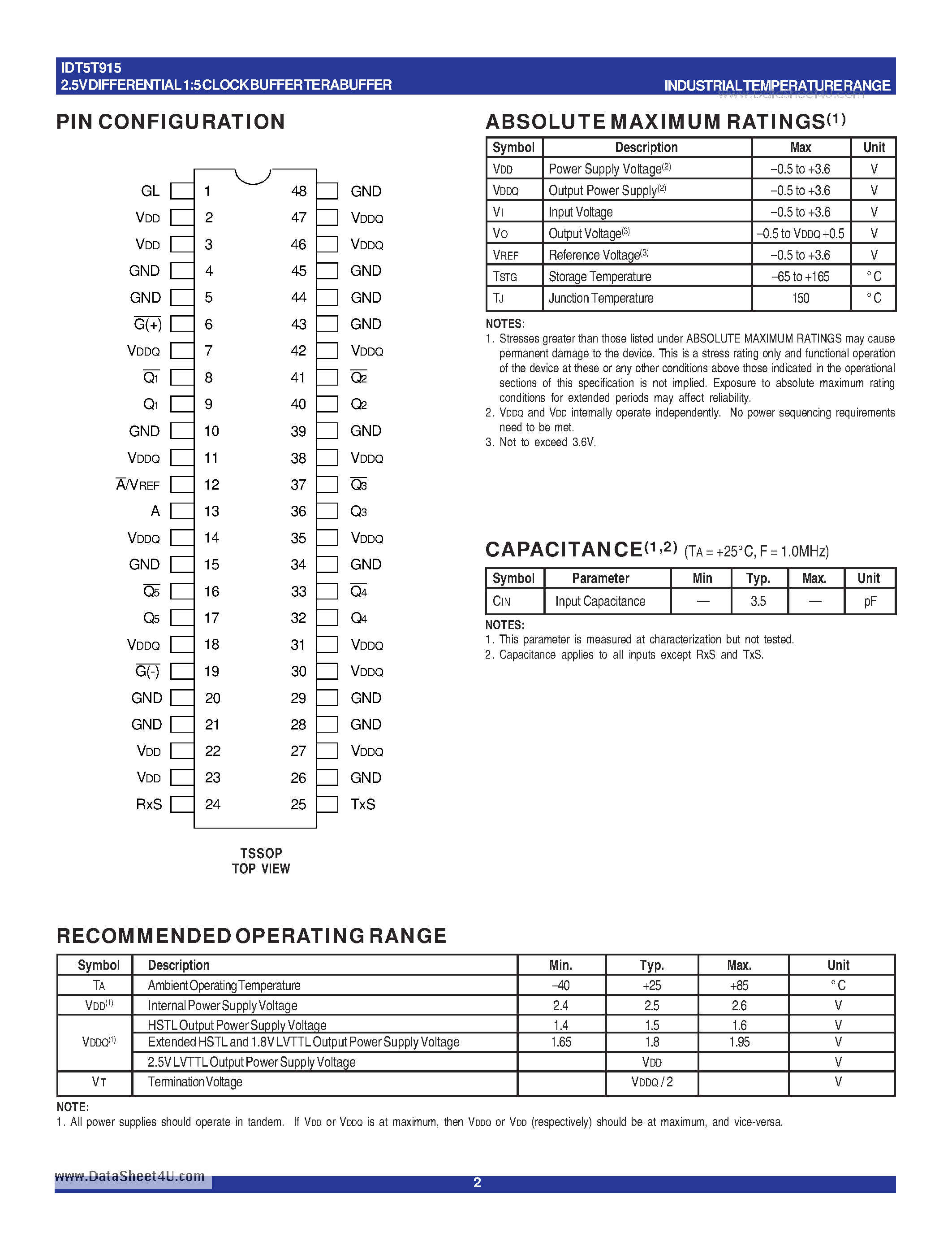 Datasheet IDT5T915 page 2 Datasheet IDT5T915 - 2.5V DIFFERENTIAL 1:5 CLOCK BUFFER TERABUFFER page 2