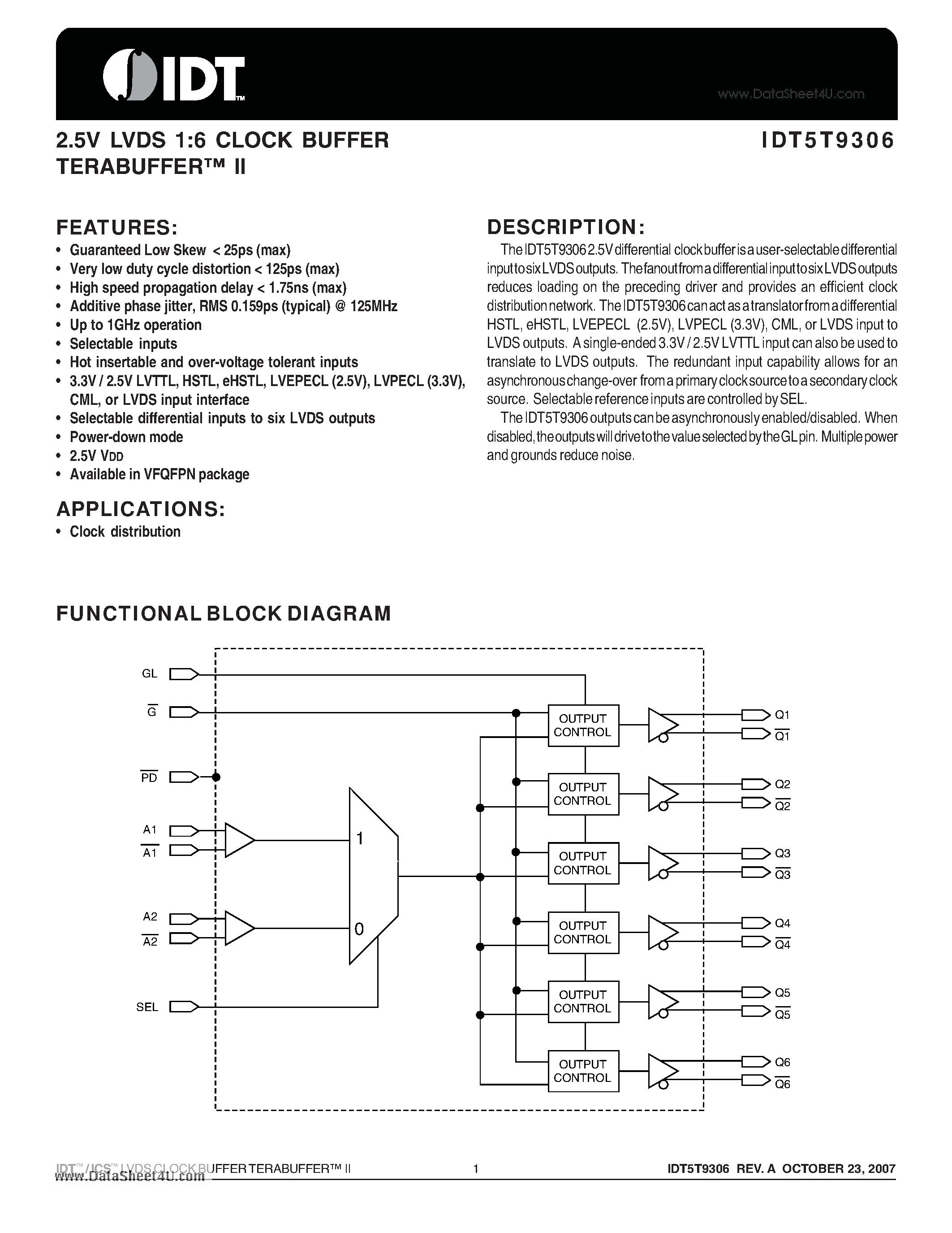 Datasheet IDT5T9306 page 1 Datasheet IDT5T9306 - 2.5V LVDS 1:6 CLOCK BUFFER TERABUFFER II page 1