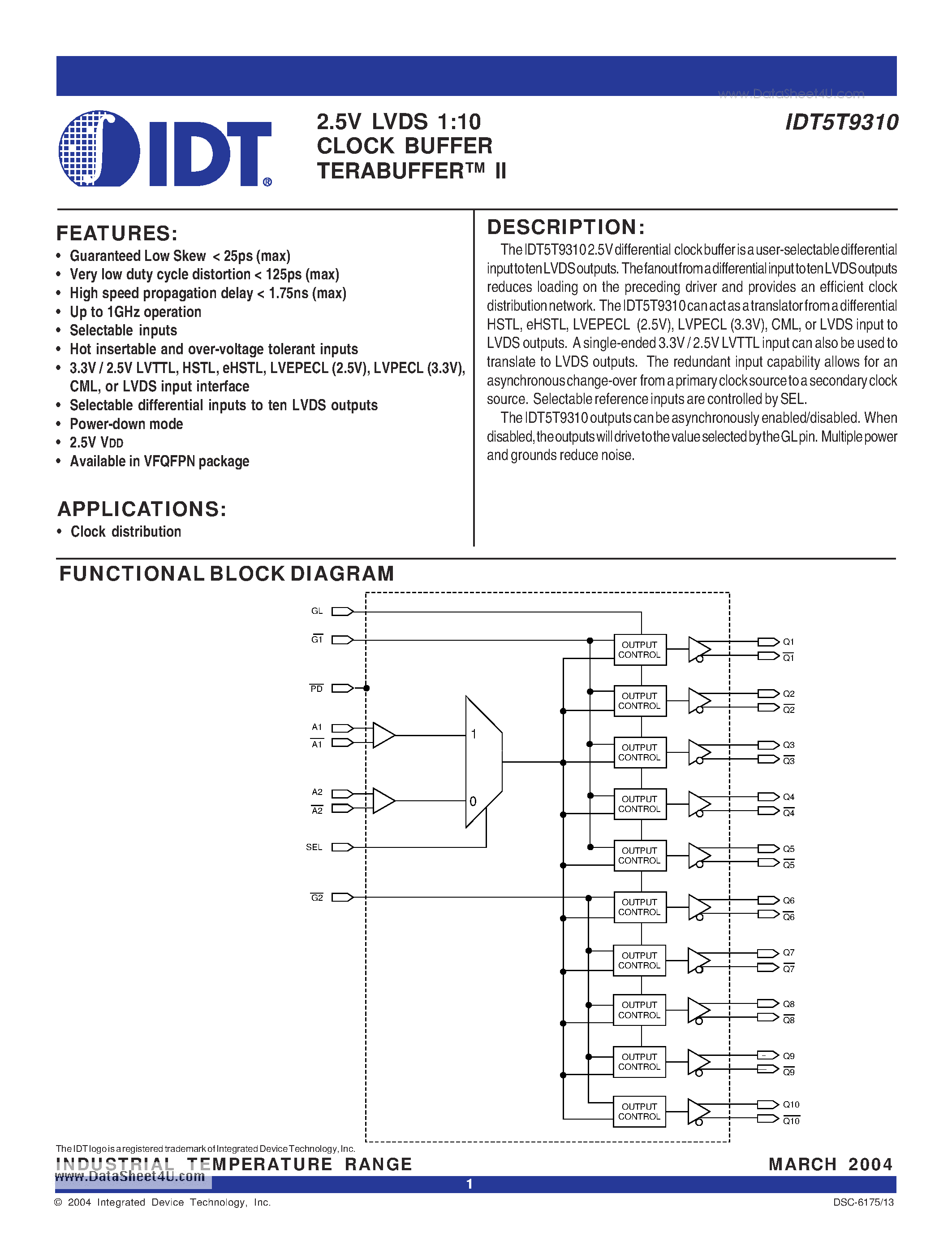 Datasheet IDT5T9310 - 2.5V LVDS 1:10 CLOCK BUFFER TERABUFFER II page 1