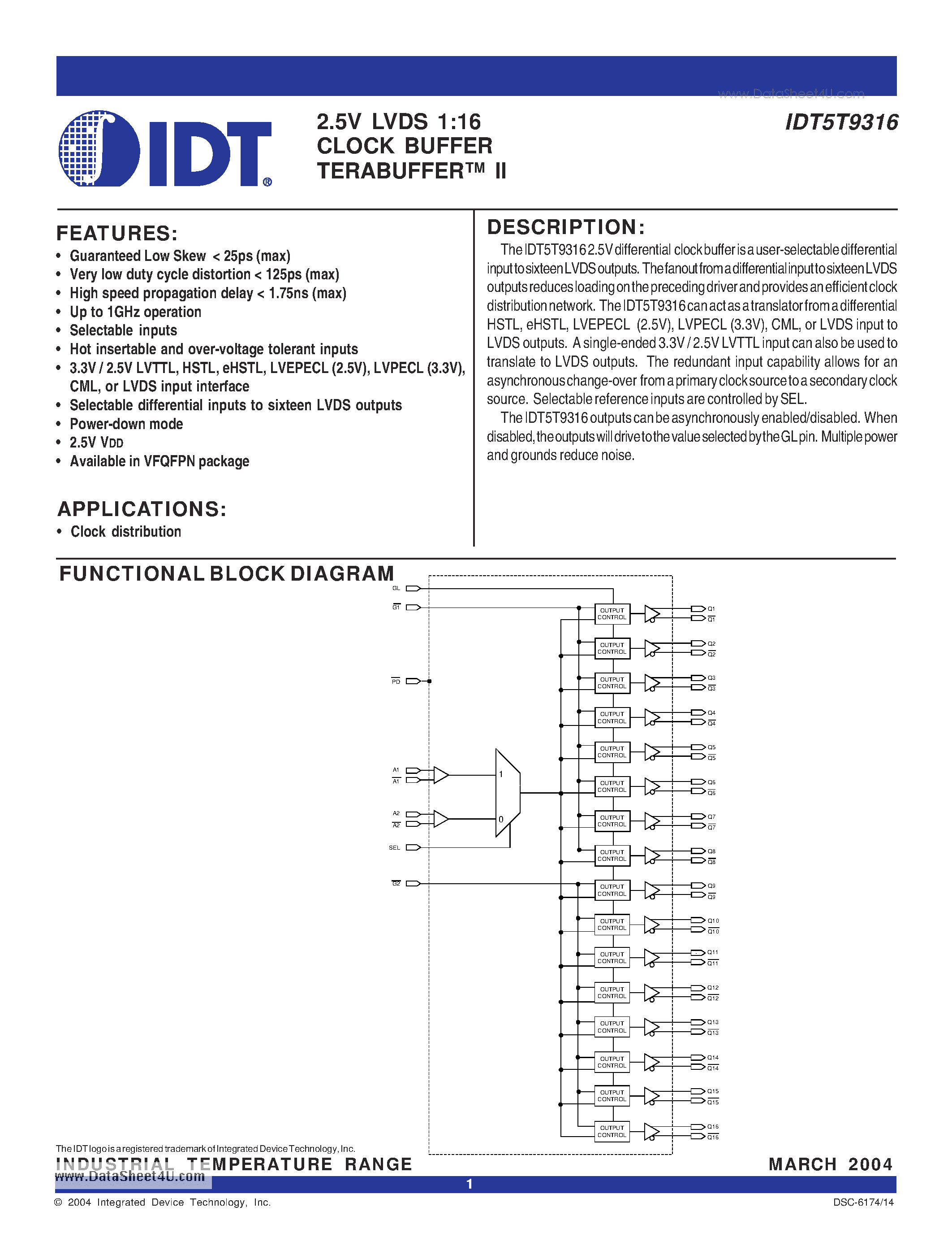 Datasheet IDT5T9316 - 2.5V LVDS 1:16 CLOCK BUFFER TERABUFFER II page 1