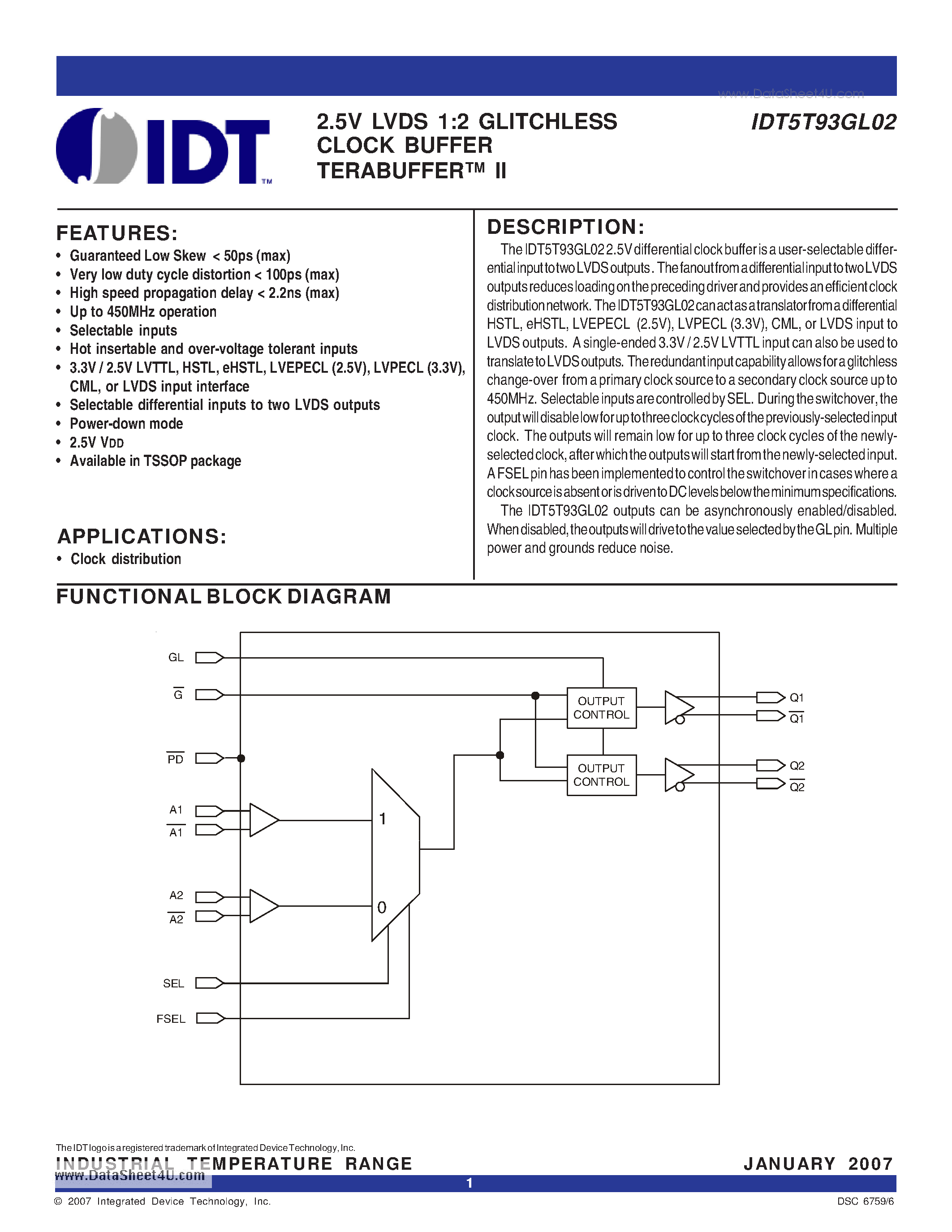 Datasheet IDT5T93GL02 - 2.5V LVDS 1:2 GLITCHLESS CLOCK BUFFER TERABUFFER II page 1