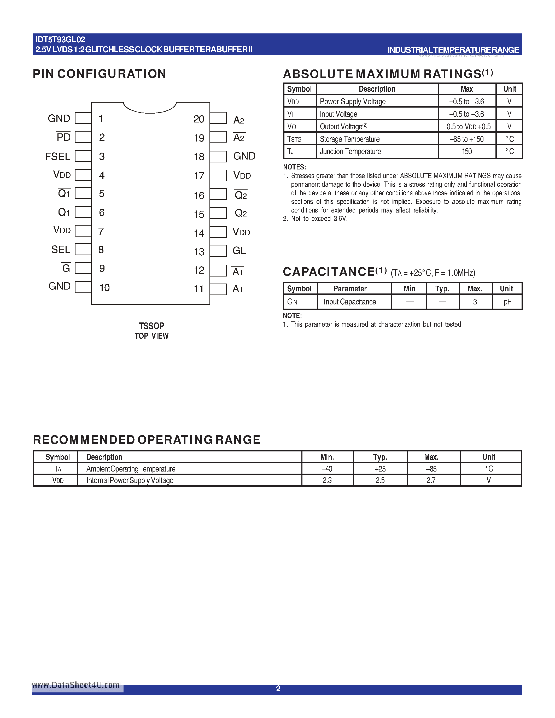 Datasheet IDT5T93GL02 - 2.5V LVDS 1:2 GLITCHLESS CLOCK BUFFER TERABUFFER II page 2
