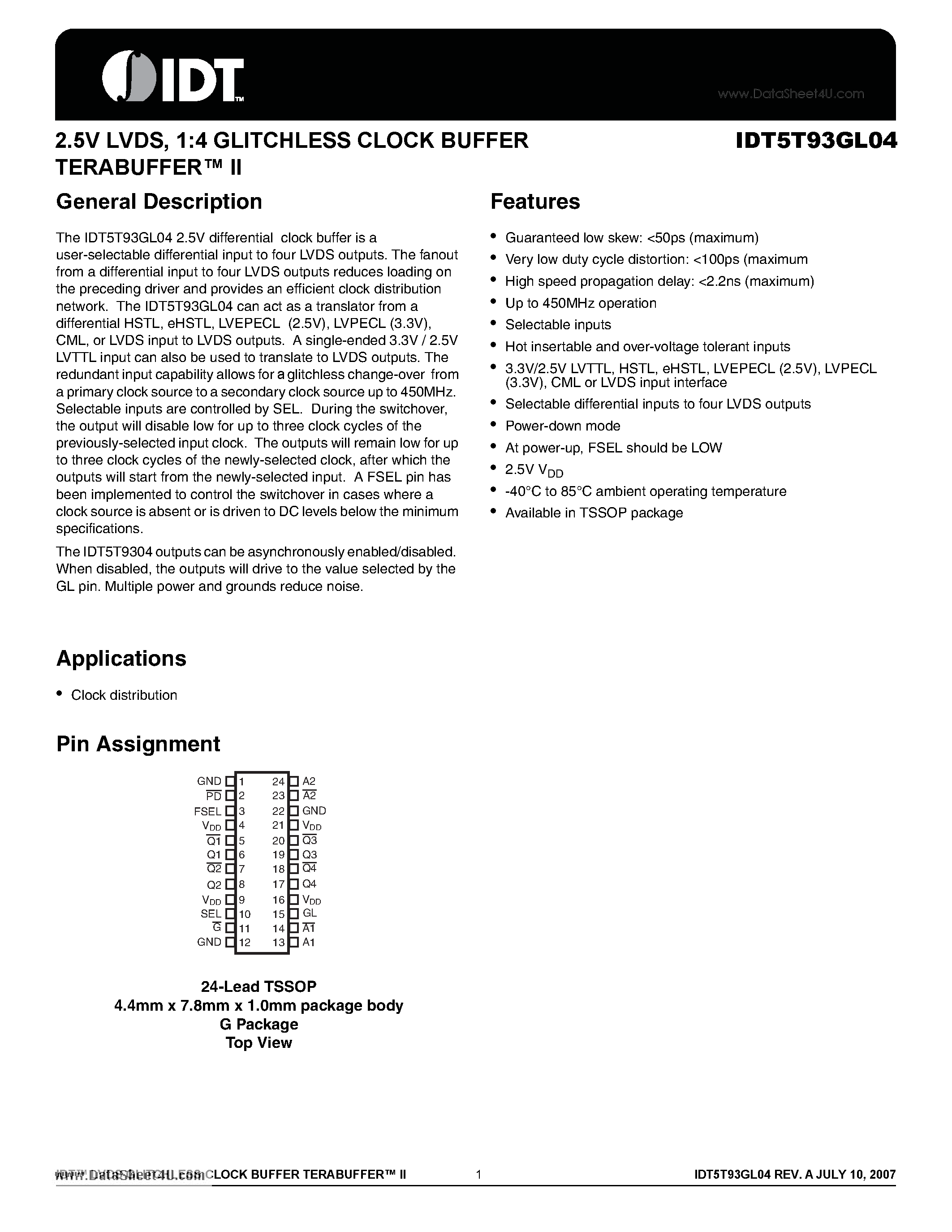 Даташит IDT5T93GL04 - 2.5V LVDS 1:4 GLITCHLESS CLOCK BUFFER TERABUFFER II страница 1