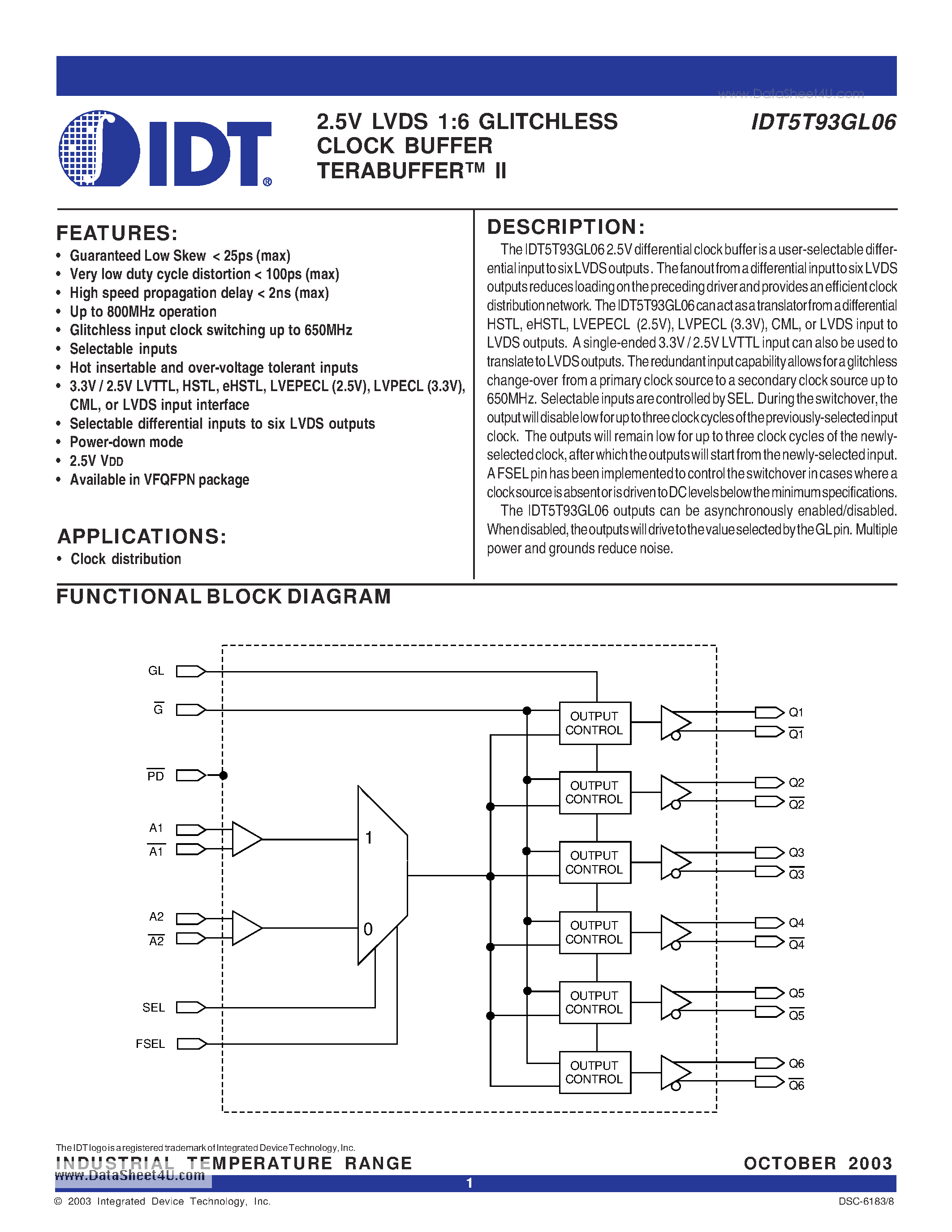 Datasheet IDT5T93GL06 - 2.5V LVDS 1:6 GLITCHLESS CLOCK BUFFER TERABUFFER II page 1