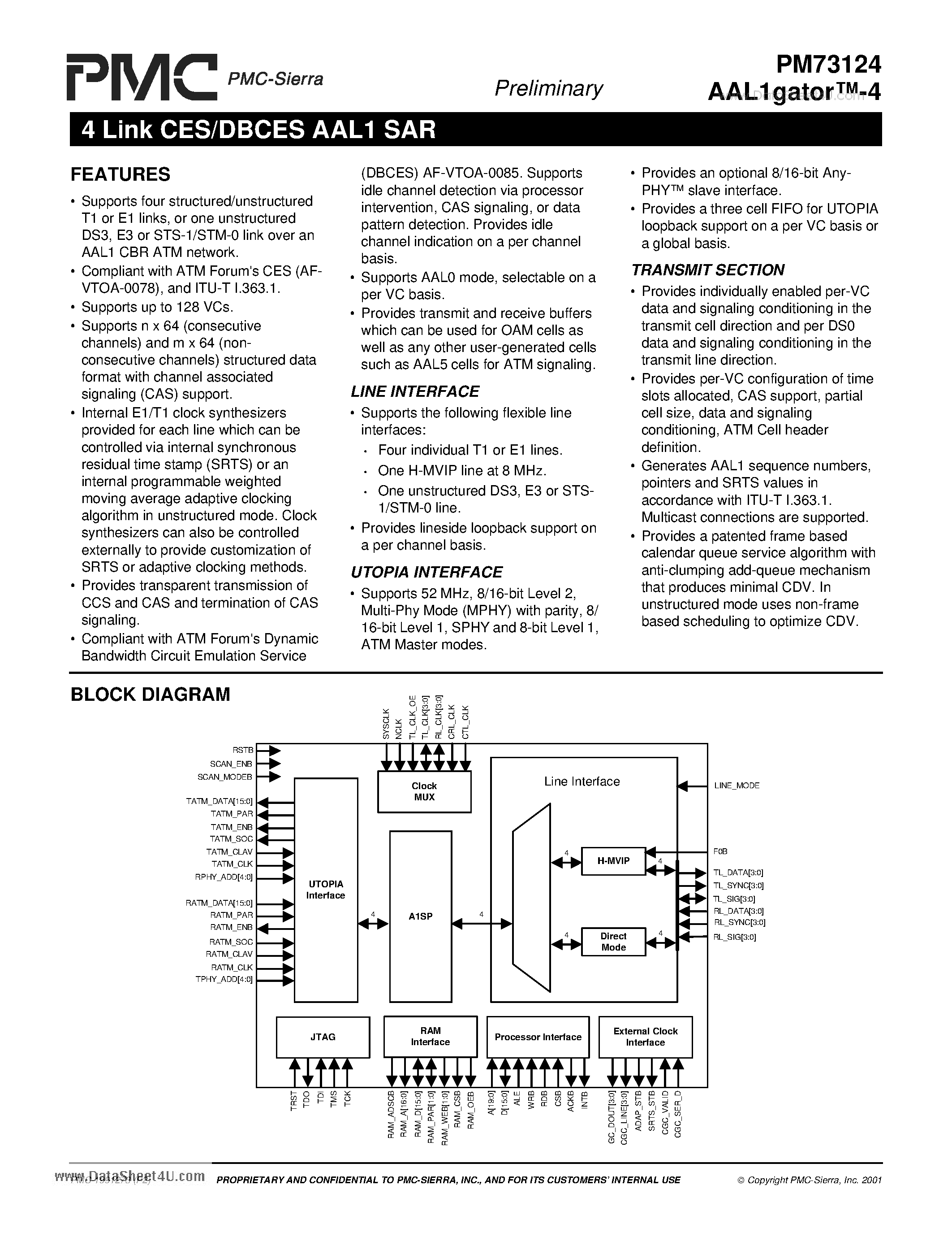 Datasheet PM73124 - 4 Link CES/DBCES AAL1 SAR page 1