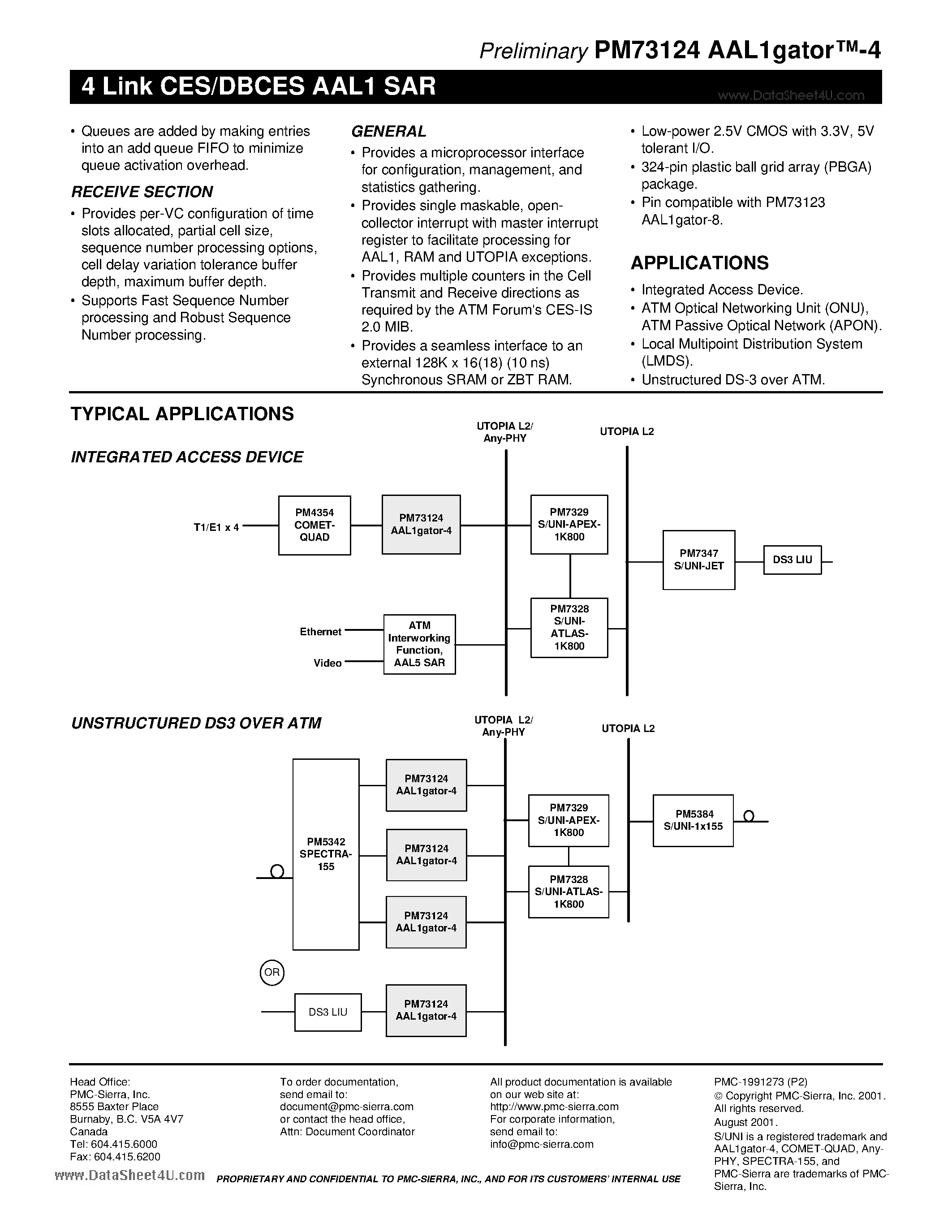Datasheet PM73124 - 4 Link CES/DBCES AAL1 SAR page 2