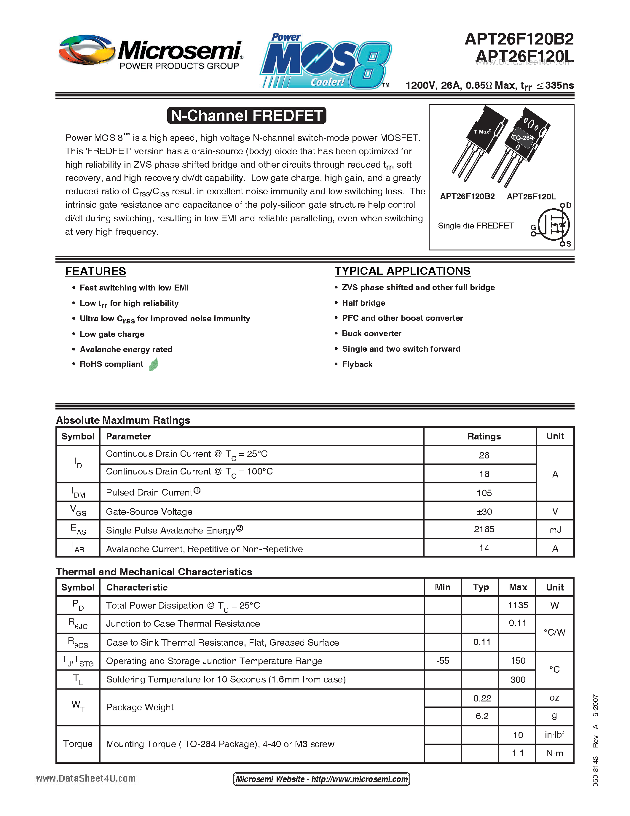 Datasheet APT26F120B2 - N-Channel FREDFET page 1