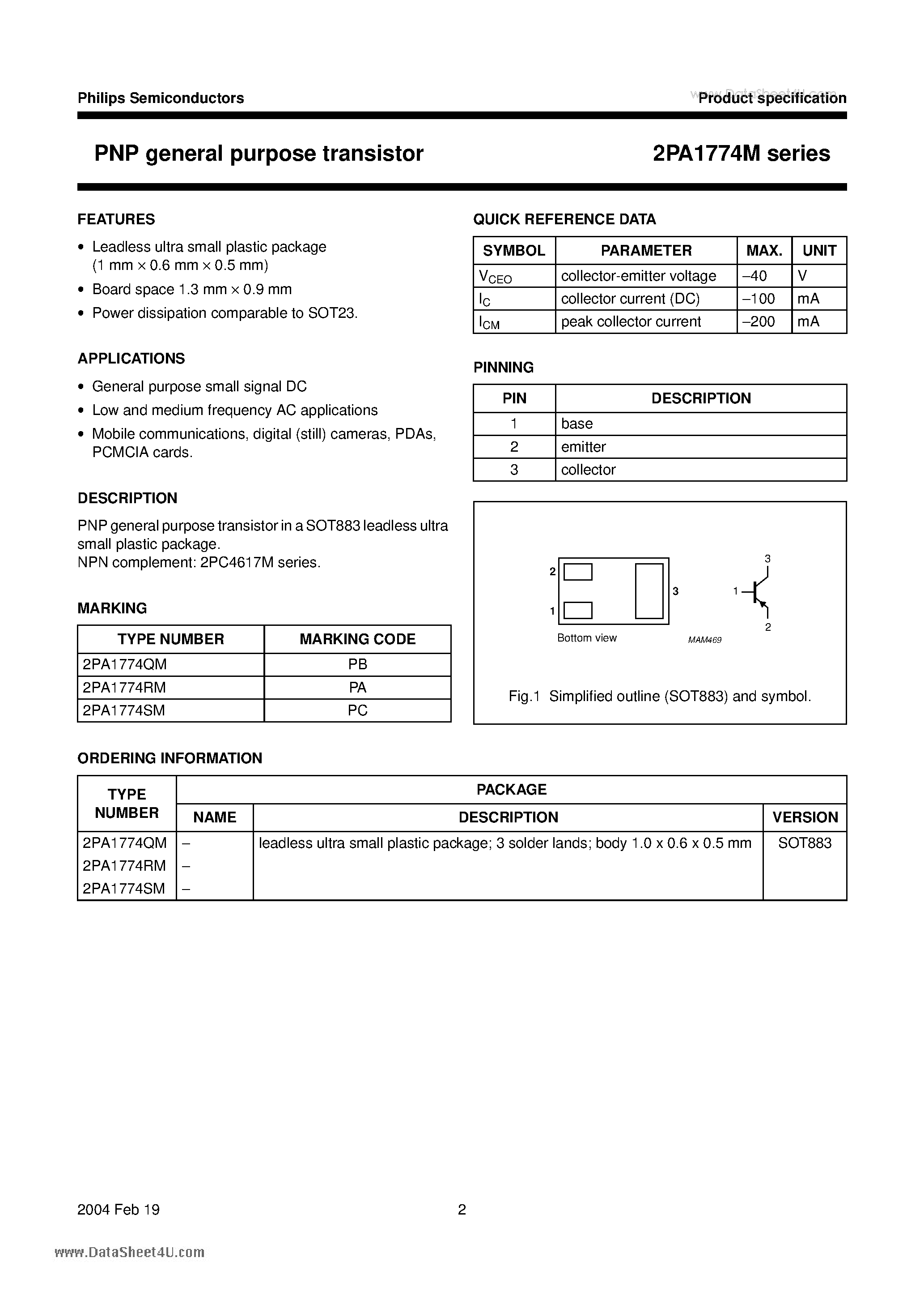 Datasheet 2PA1774M - PNP general purpose transistor page 2