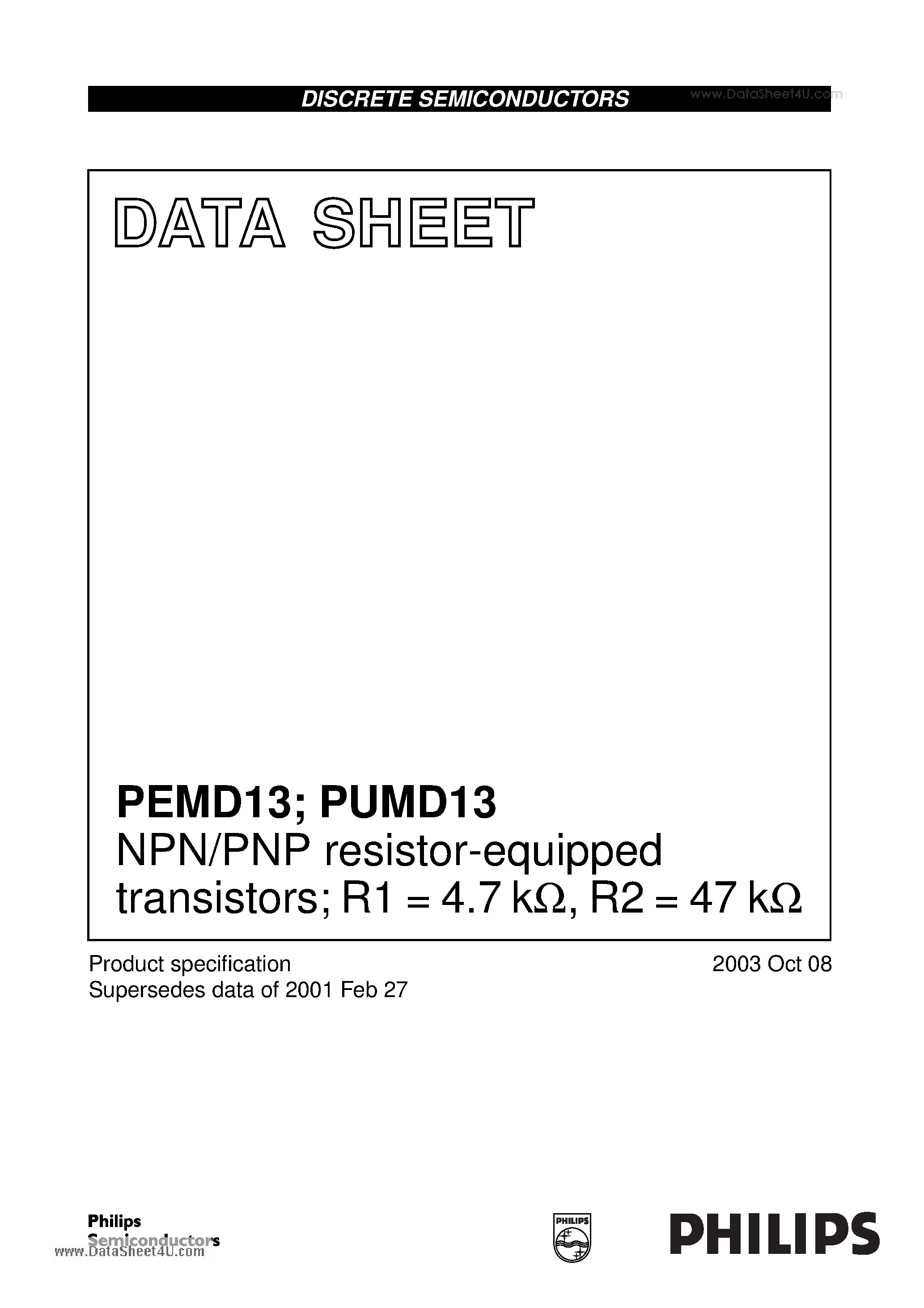 Datasheet PEMD13 - NPN/PNP resistor-equipped transistors page 1