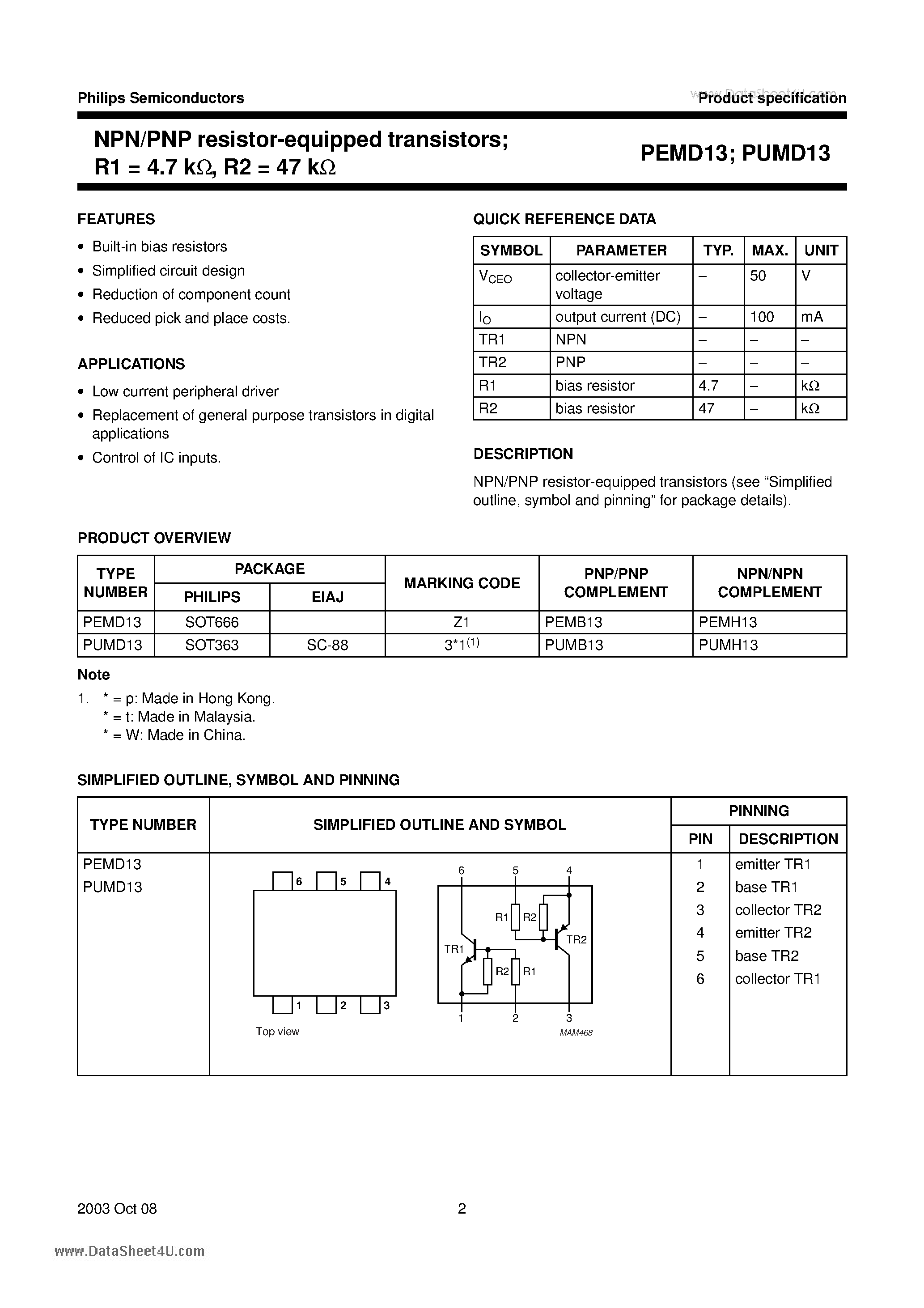Datasheet PEMD13 - NPN/PNP resistor-equipped transistors page 2