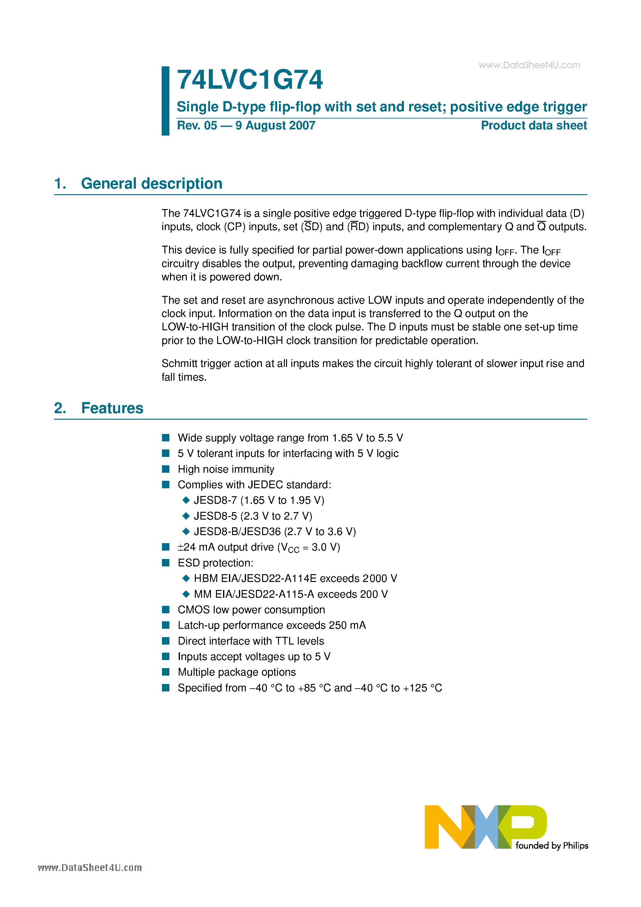 Datasheet 74LVC1G74 page 1 Datasheet 74LVC1G74 - Single D-type flip-flop page 1