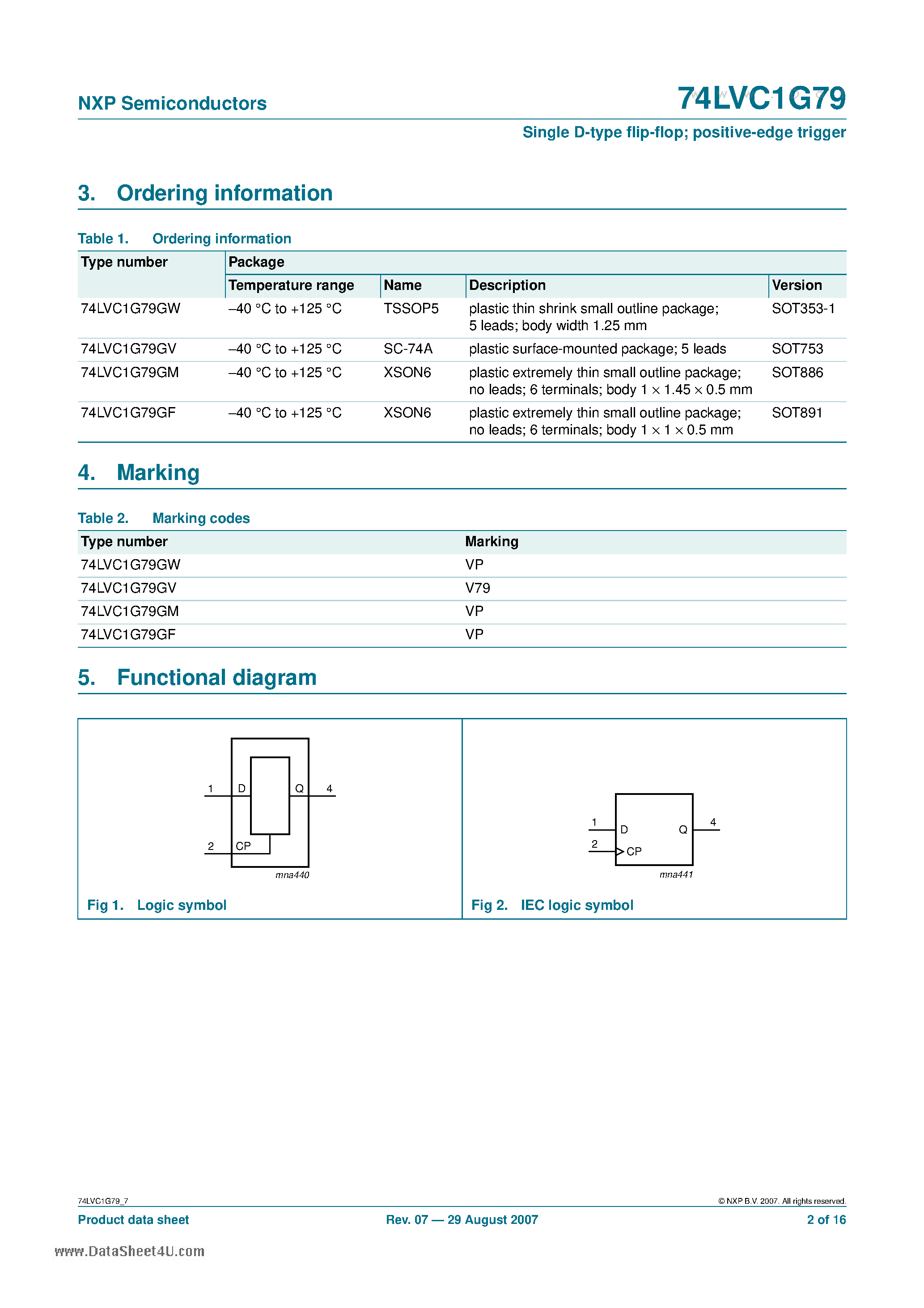Даташит 74LVC1G79 - Single D-type flip-flop positive-edge trigger страница 2