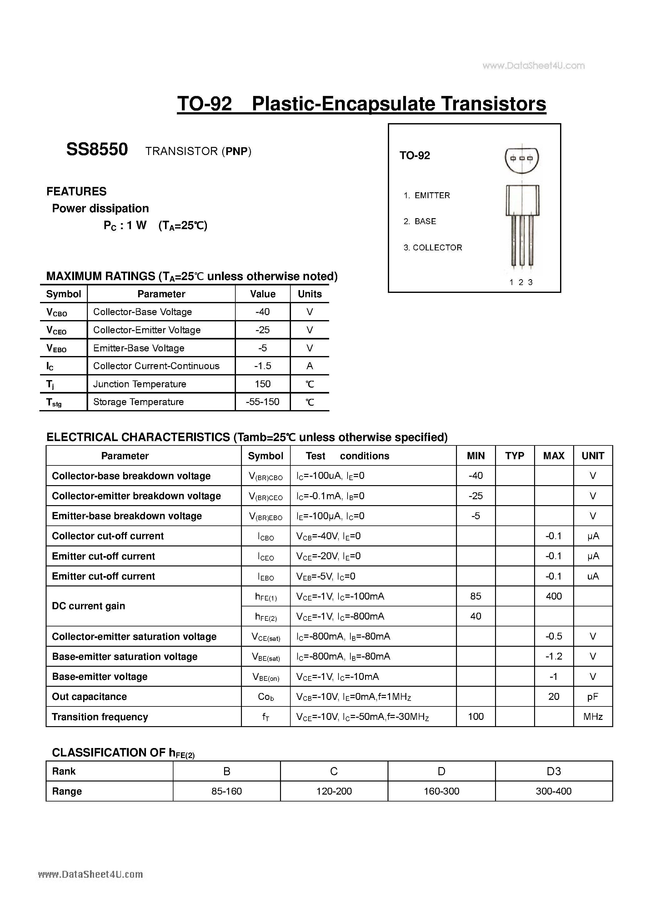 Datasheet SS8550 - TO-92 Plastic-Encapsulate Transistors page 1