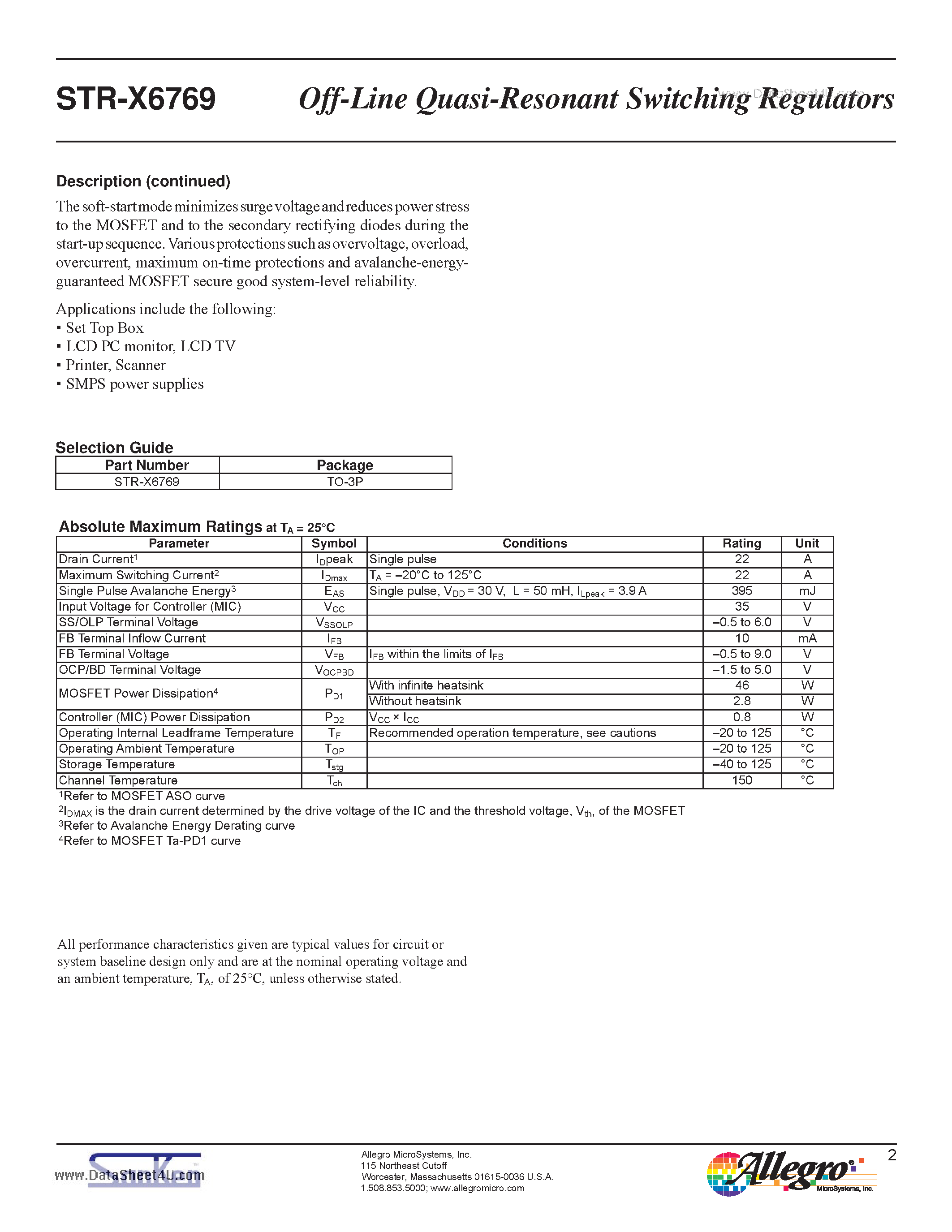 Datasheet STR-X6769 page 2 Datasheet STR-X6769 - Off-Line Quasi-Resonant Switching Regulators page 2