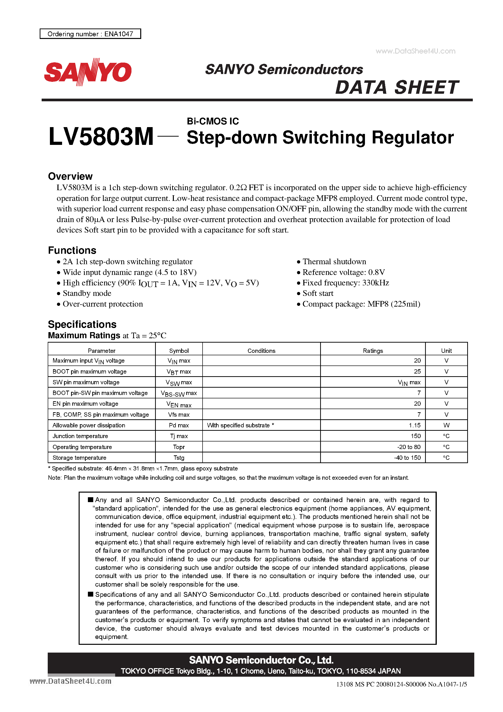Datasheet LV5803M - Bi-CMOS IC Step-down Switching Regulator page 1