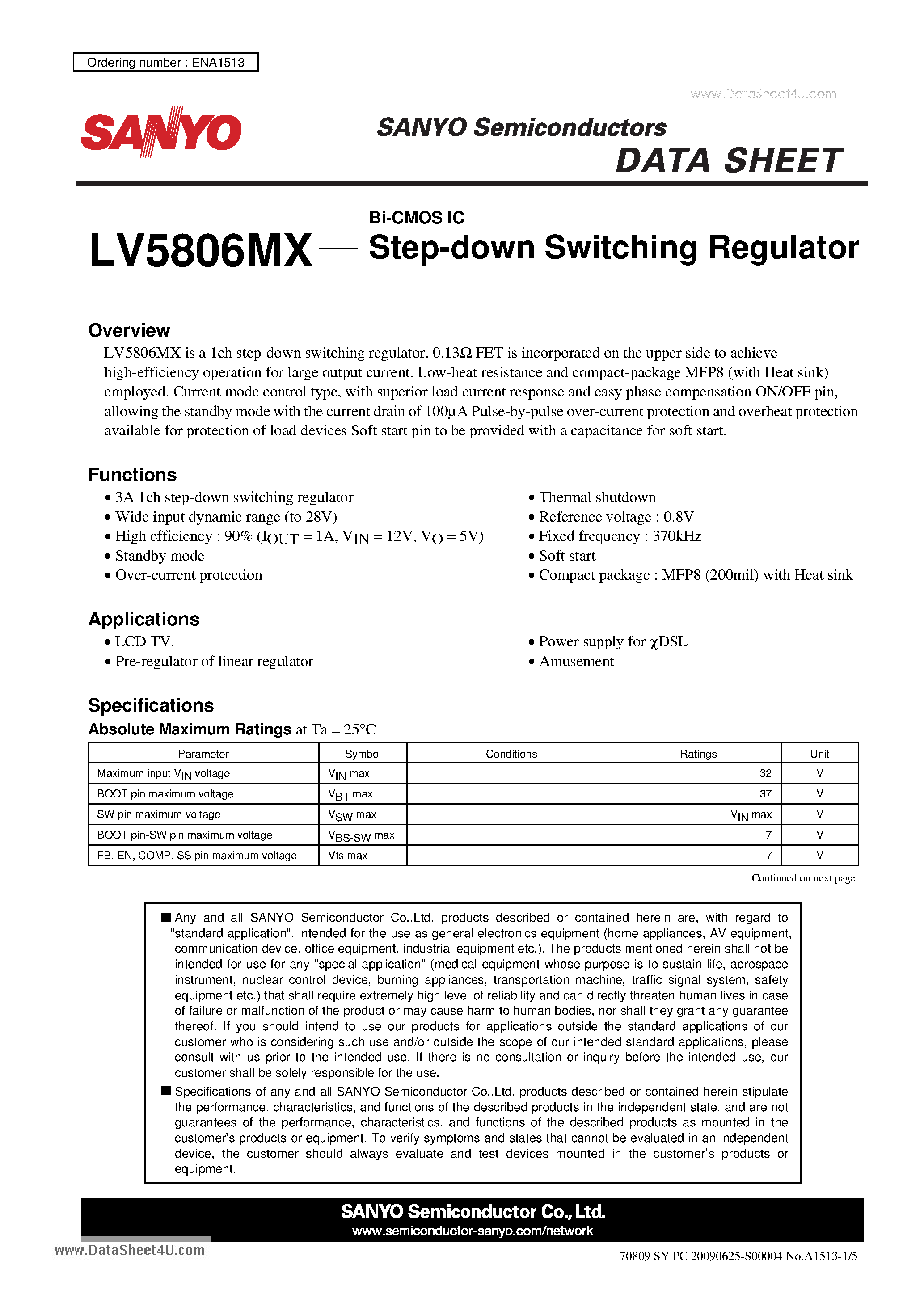 Datasheet LV5806MX - Step-down Switching Regulator page 1
