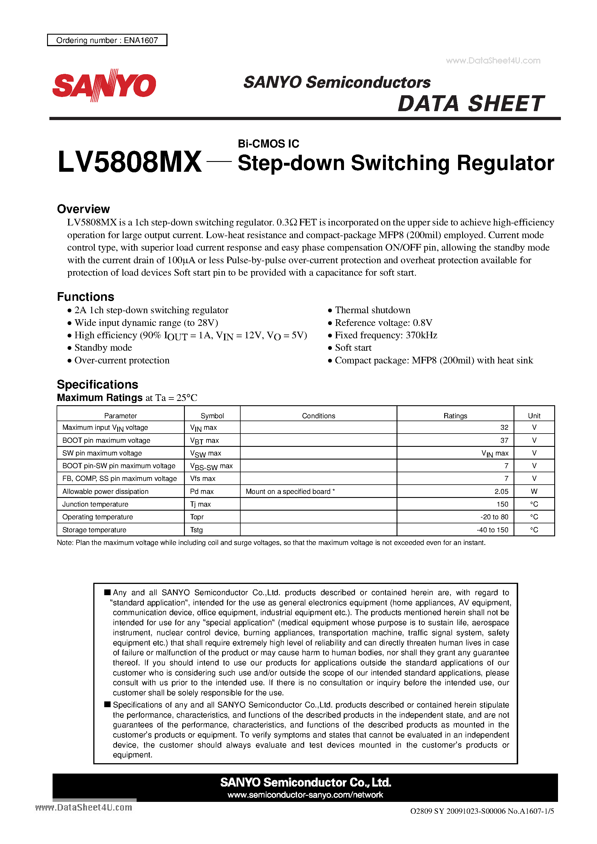 Datasheet LV5808MX - Bi-CMOS IC Step-down Switching Regulator page 1