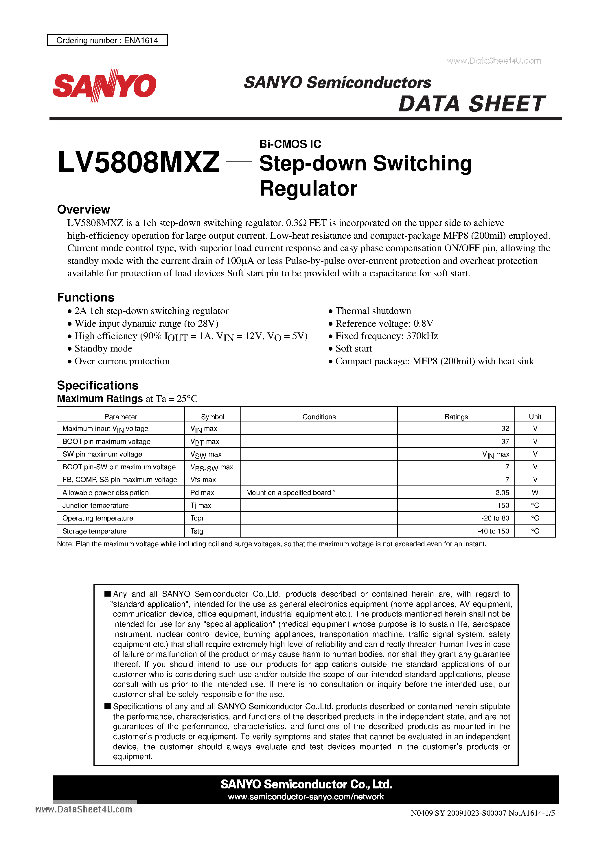 Datasheet LV5808MXZ - Bi-CMOS IC Step-down Switching Regulator page 1