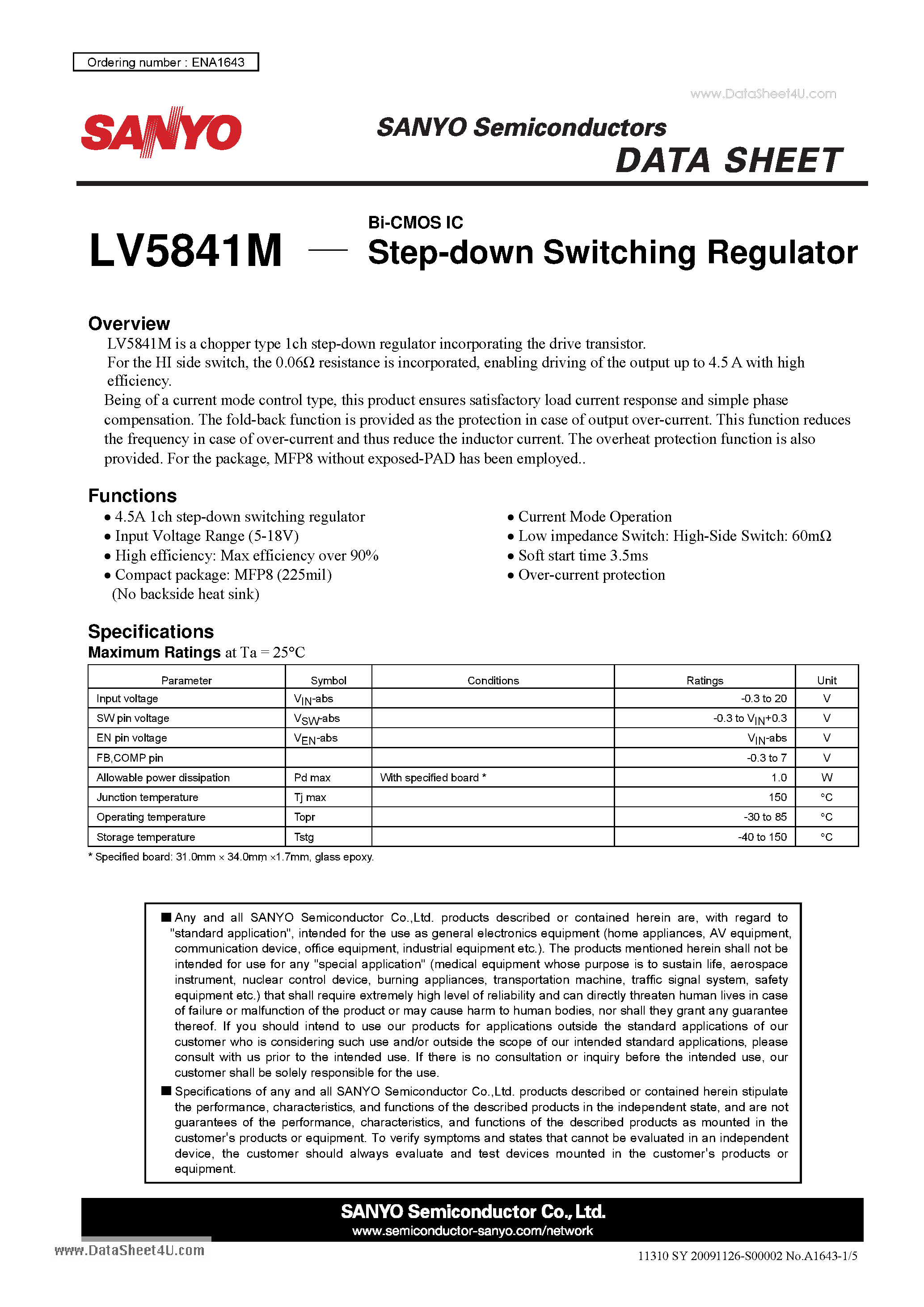 Datasheet LV5841M - Bi-CMOS IC Step-down Switching Regulator page 1