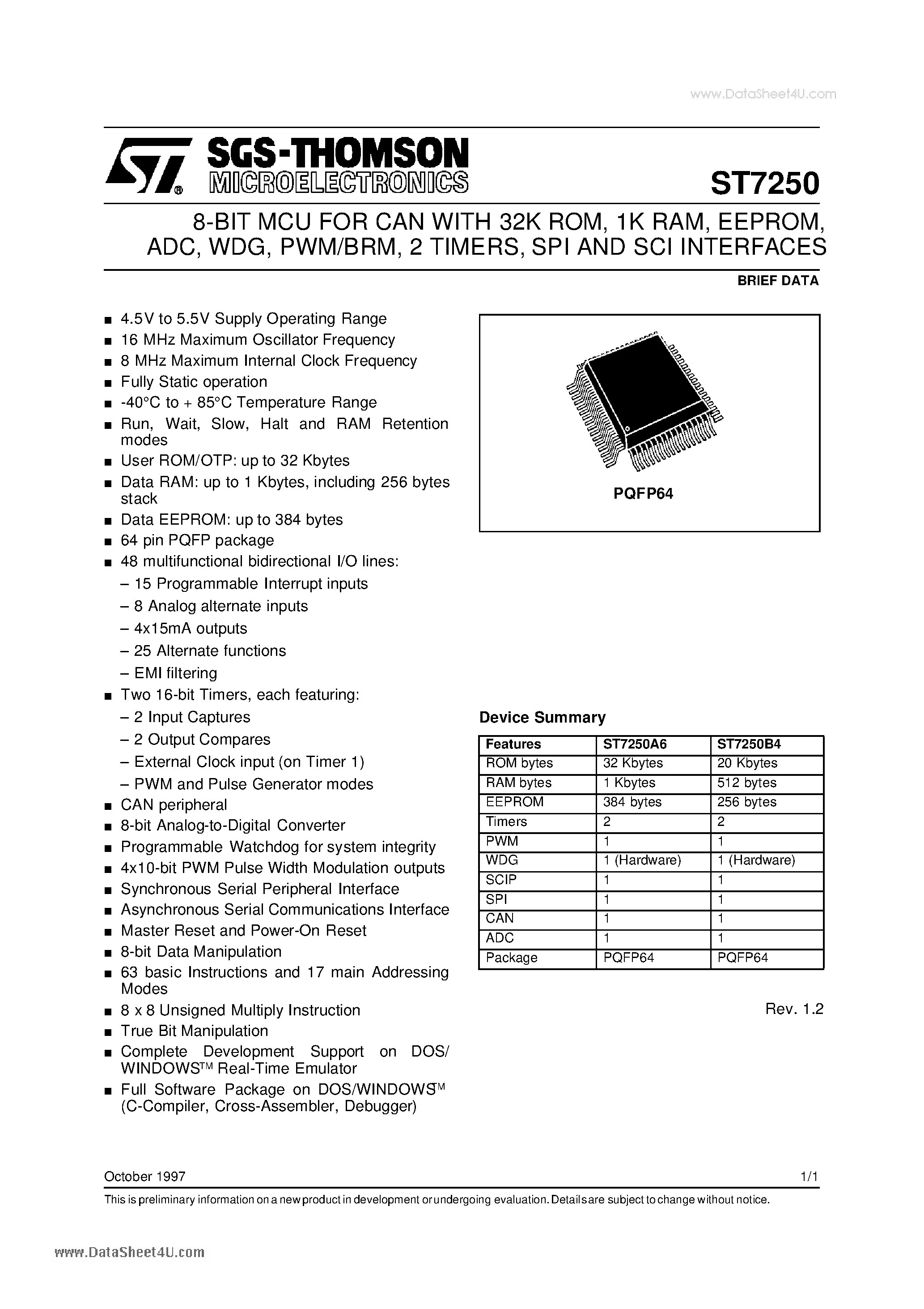 Datasheet ST7250 page 1 Datasheet ST7250 - 8-BIT MCU FOR CAN WITH 32K ROM 1K RAM EEPROM ADC WDG PWM/BRM 2 TIMERS SPI AND SCI INTERFACES page 1