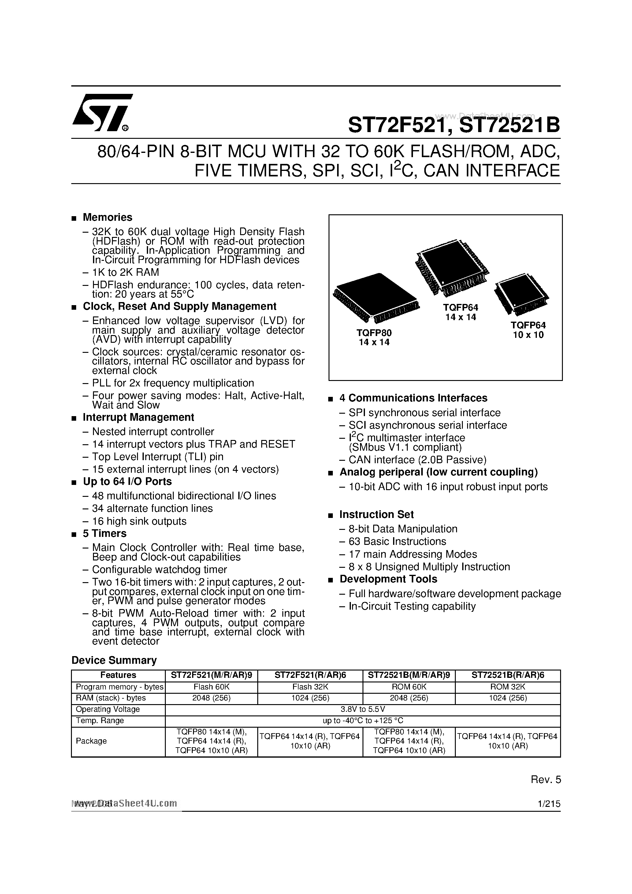Datasheet ST72521B page 1 Datasheet ST72521B - 80/64-PIN 8-BIT MCU WITH 32 TO 60K FLASH/ROM ADC FIVE TIMERS SPI SCI I2C CAN INTERFACE page 1