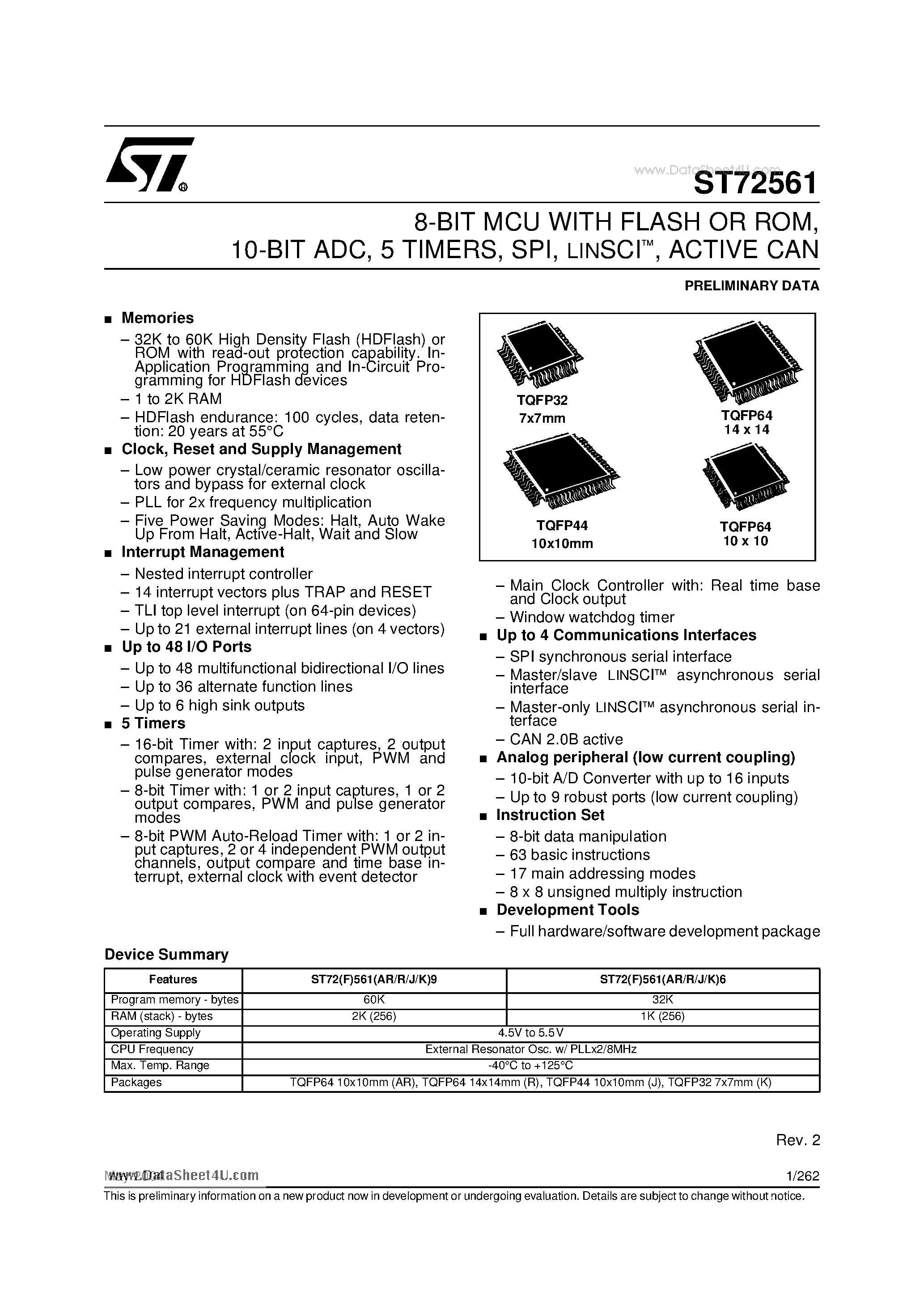 Datasheet ST72561 - 8-BIT MCU WITH FLASH OR ROM 10-BIT ADC 5 TIMERS SPI LINSCI ACTIVE CAN page 1