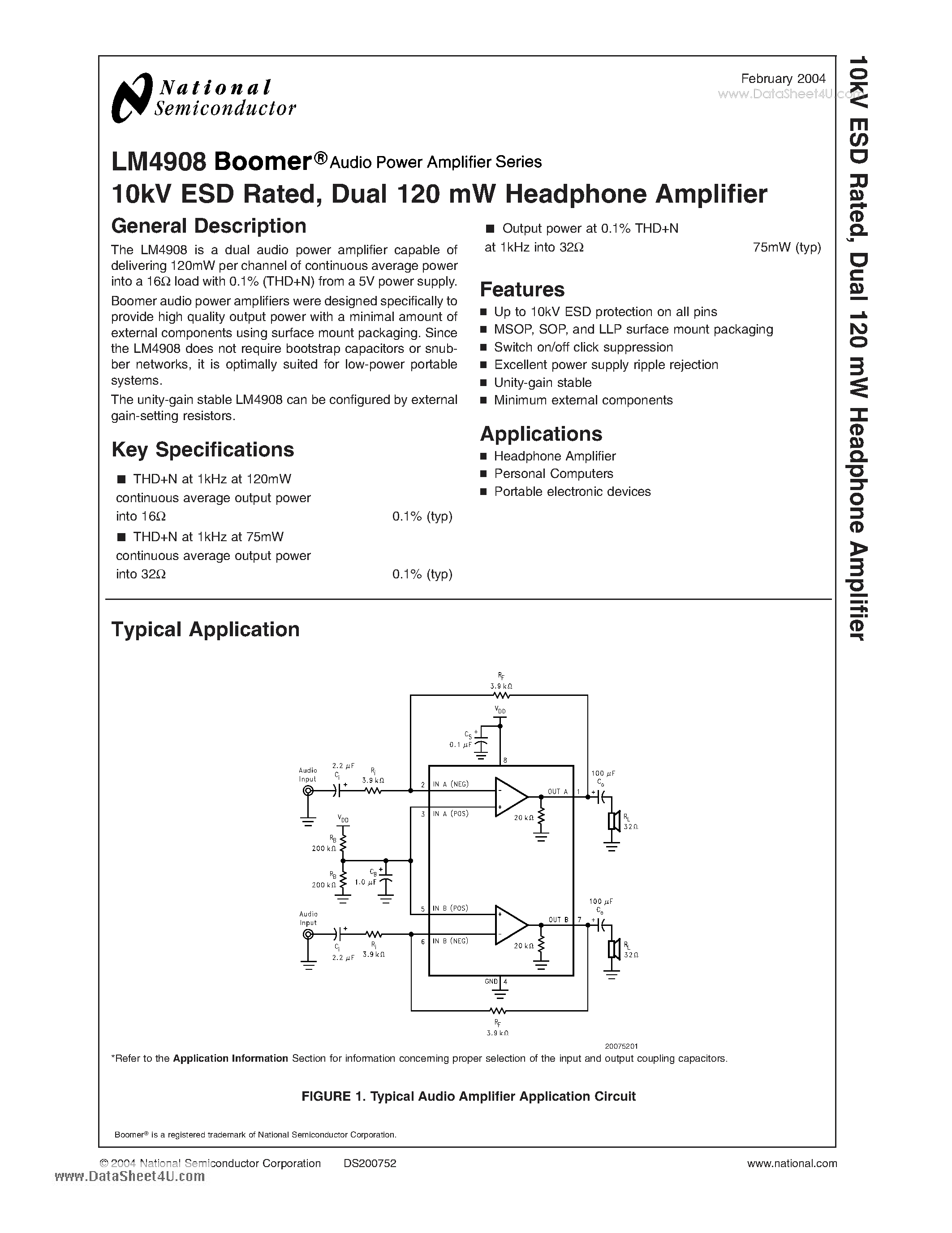 Даташит на микросхему LM4908 страница 1 Даташит LM4908 - 10kV ESD Rated Dual 120 mW Headphone Amplifier страница 1