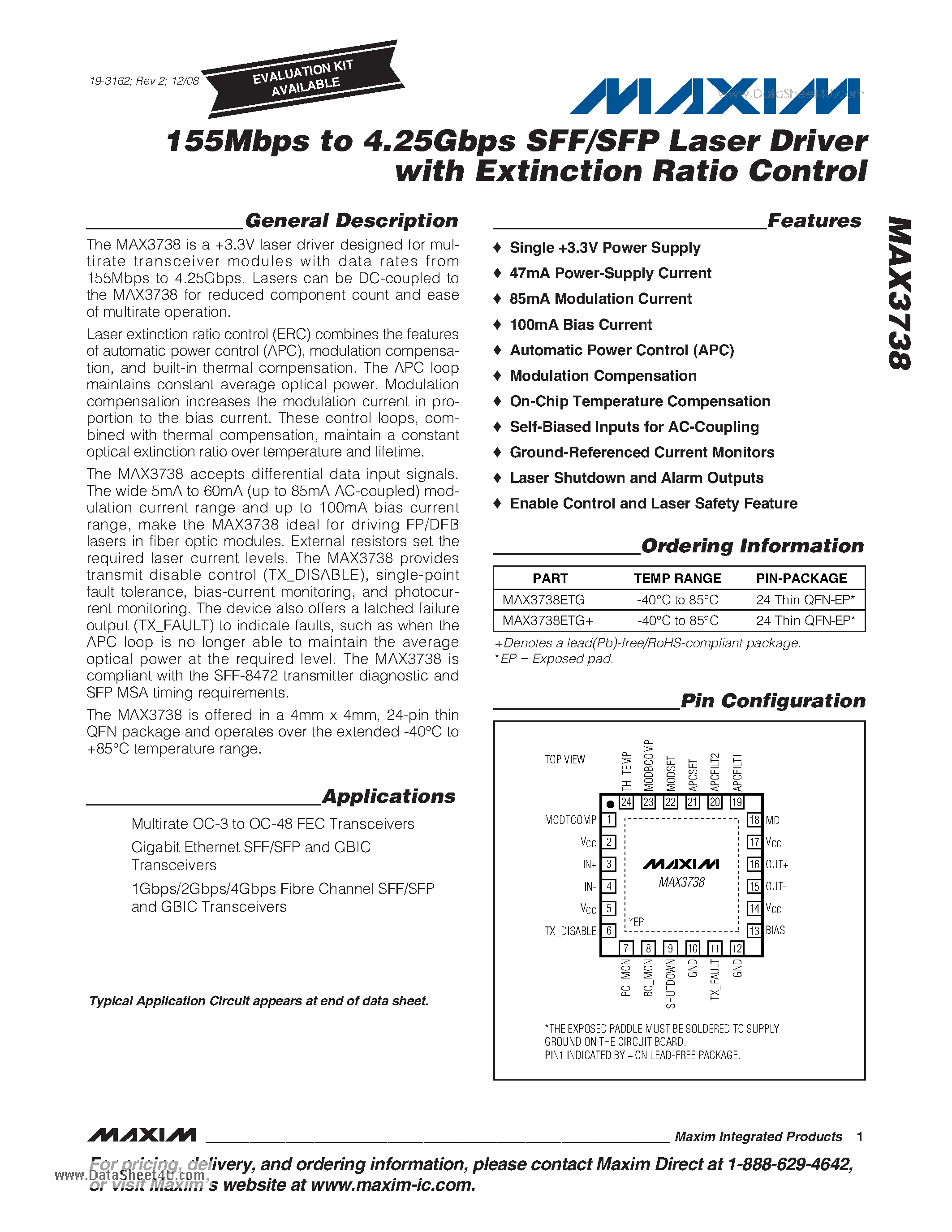Datasheet MAX3738 - 155Mbps to 4.25Gbps SFF/SFP Laser Driver with Extinction Ratio Control page 1