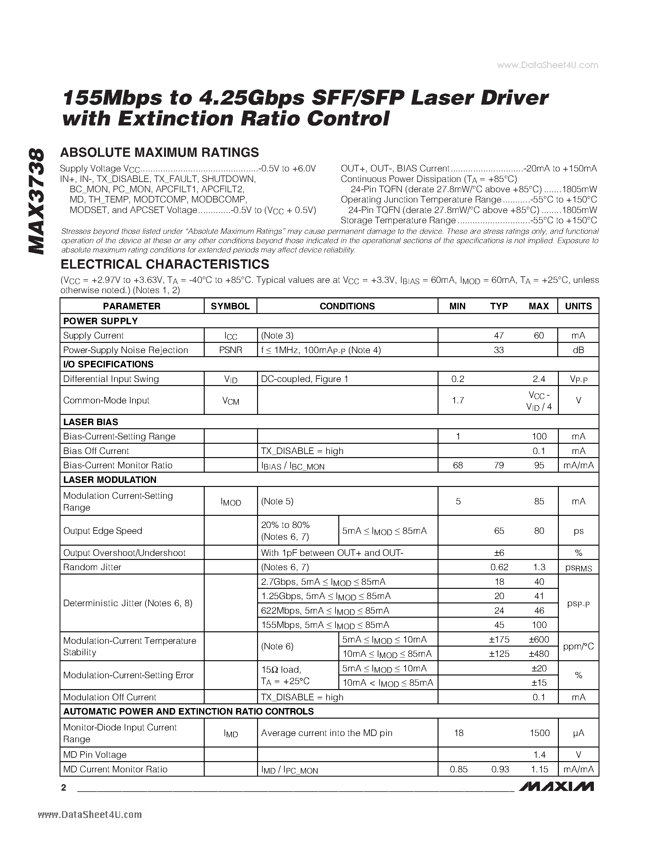 Datasheet MAX3738 - 155Mbps to 4.25Gbps SFF/SFP Laser Driver with Extinction Ratio Control page 2