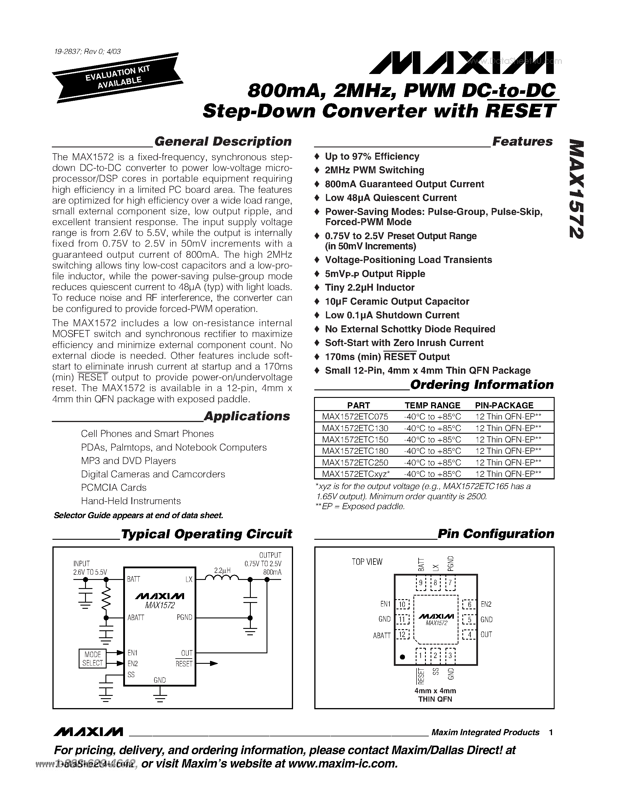 Datasheet MAX1572 - PWM DC-to-DC Step-Down Converter page 1